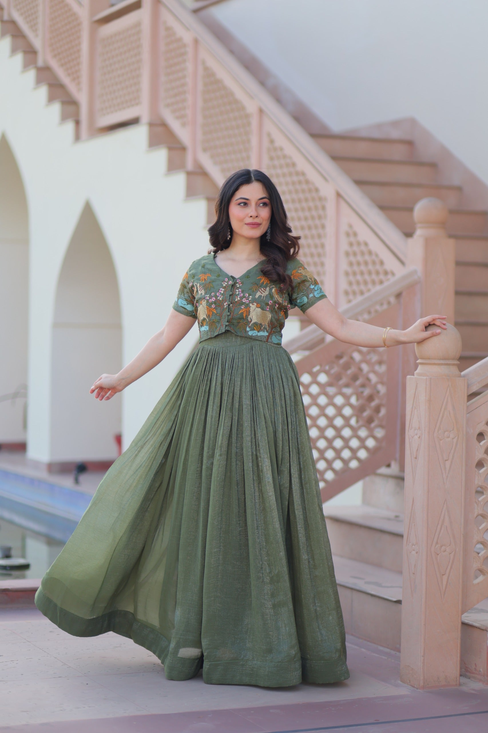 Silver Crunchy Fabric Gown with Embroidered Koti for Women