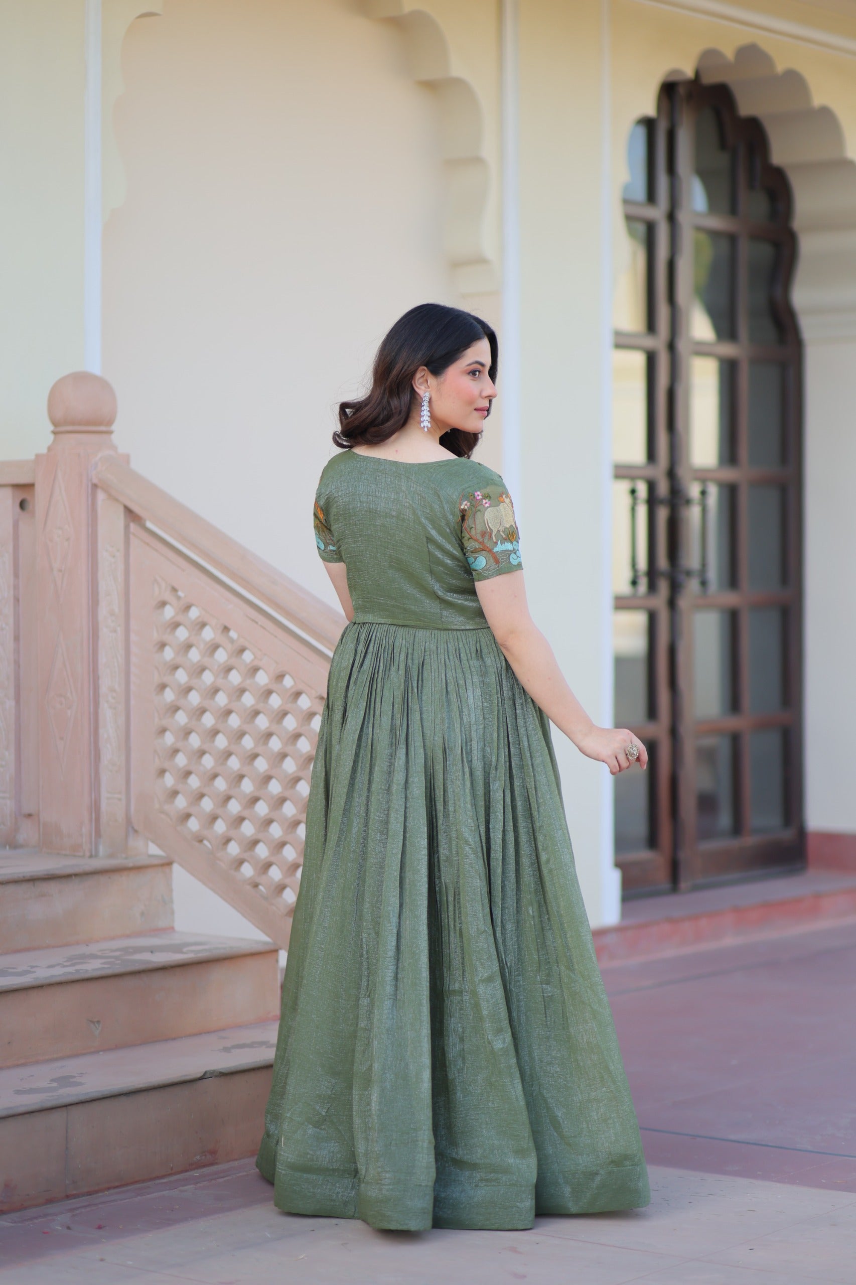 Silver Crunchy Fabric Gown with Embroidered Koti for Women