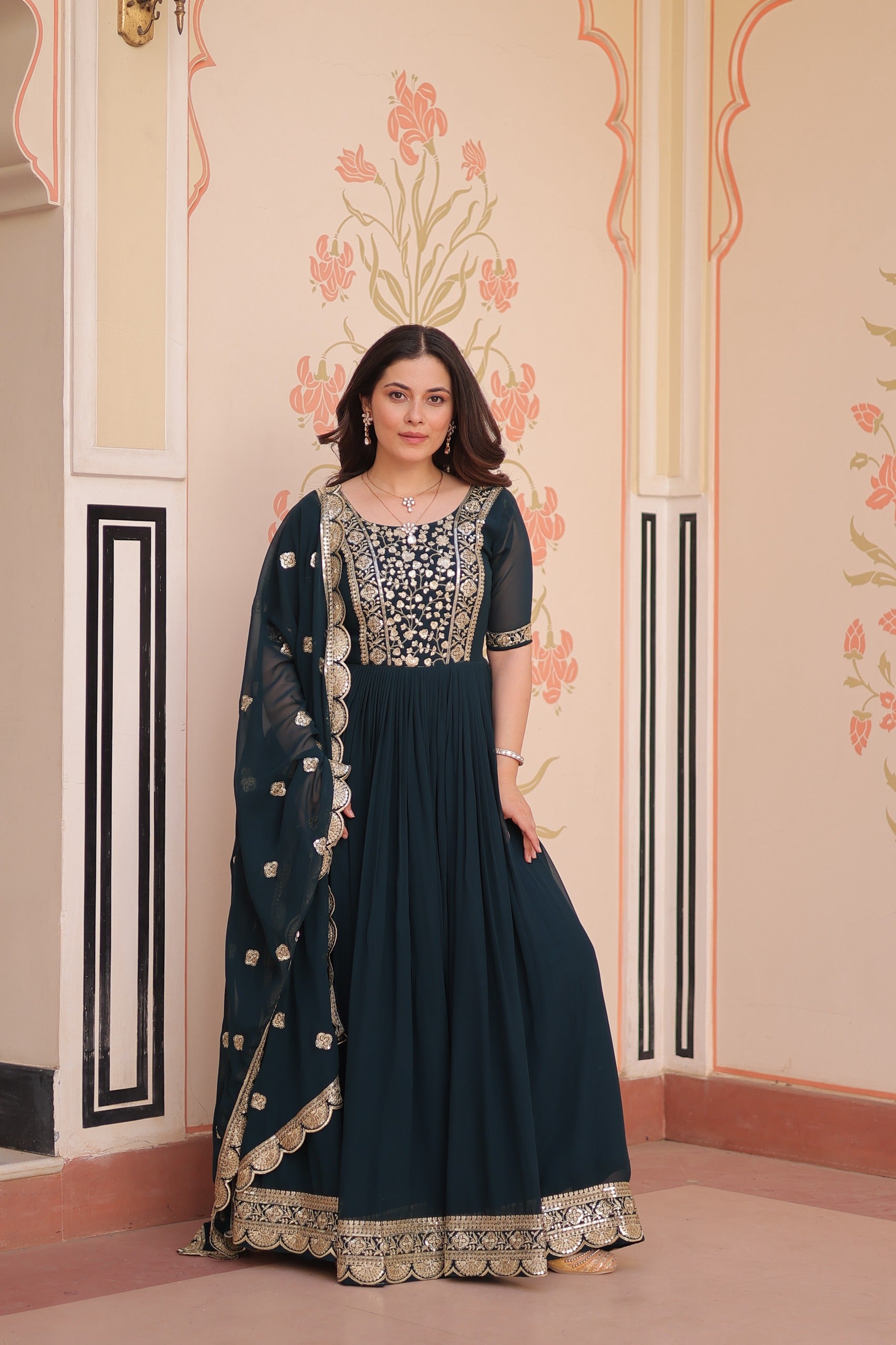Faux Blooming Embroidered Zari Sequins Work Gown with Dupatta and Designer Lace Border