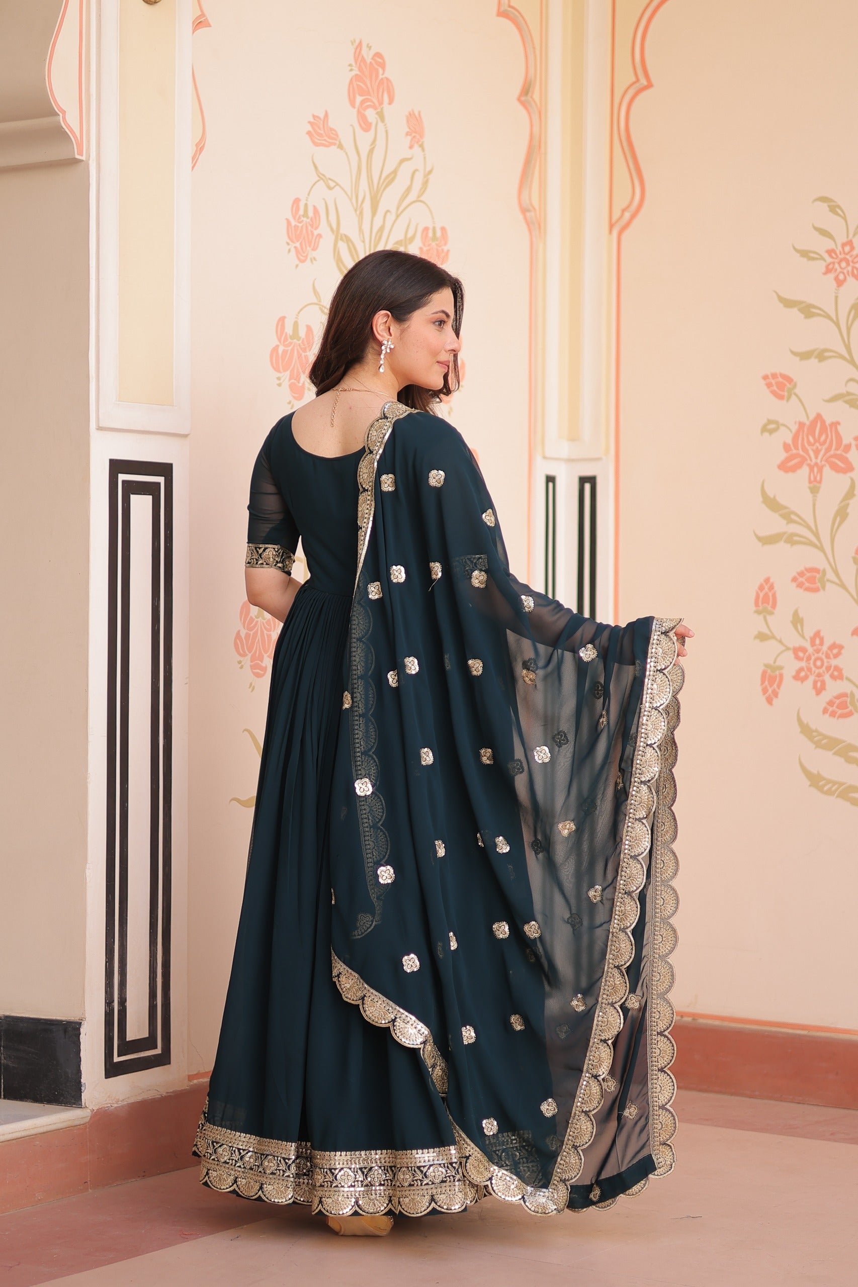 Faux Blooming Embroidered Zari Sequins Work Gown with Dupatta and Designer Lace Border
