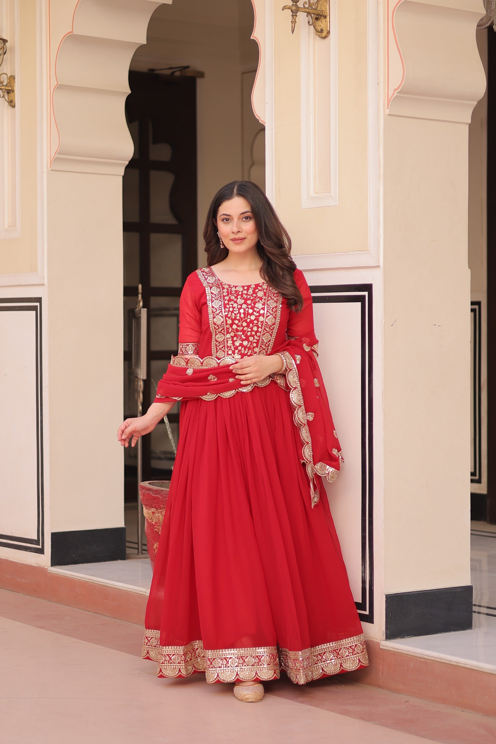 Faux Blooming Embroidered Zari Sequins Work Gown with Dupatta and Designer Lace Border