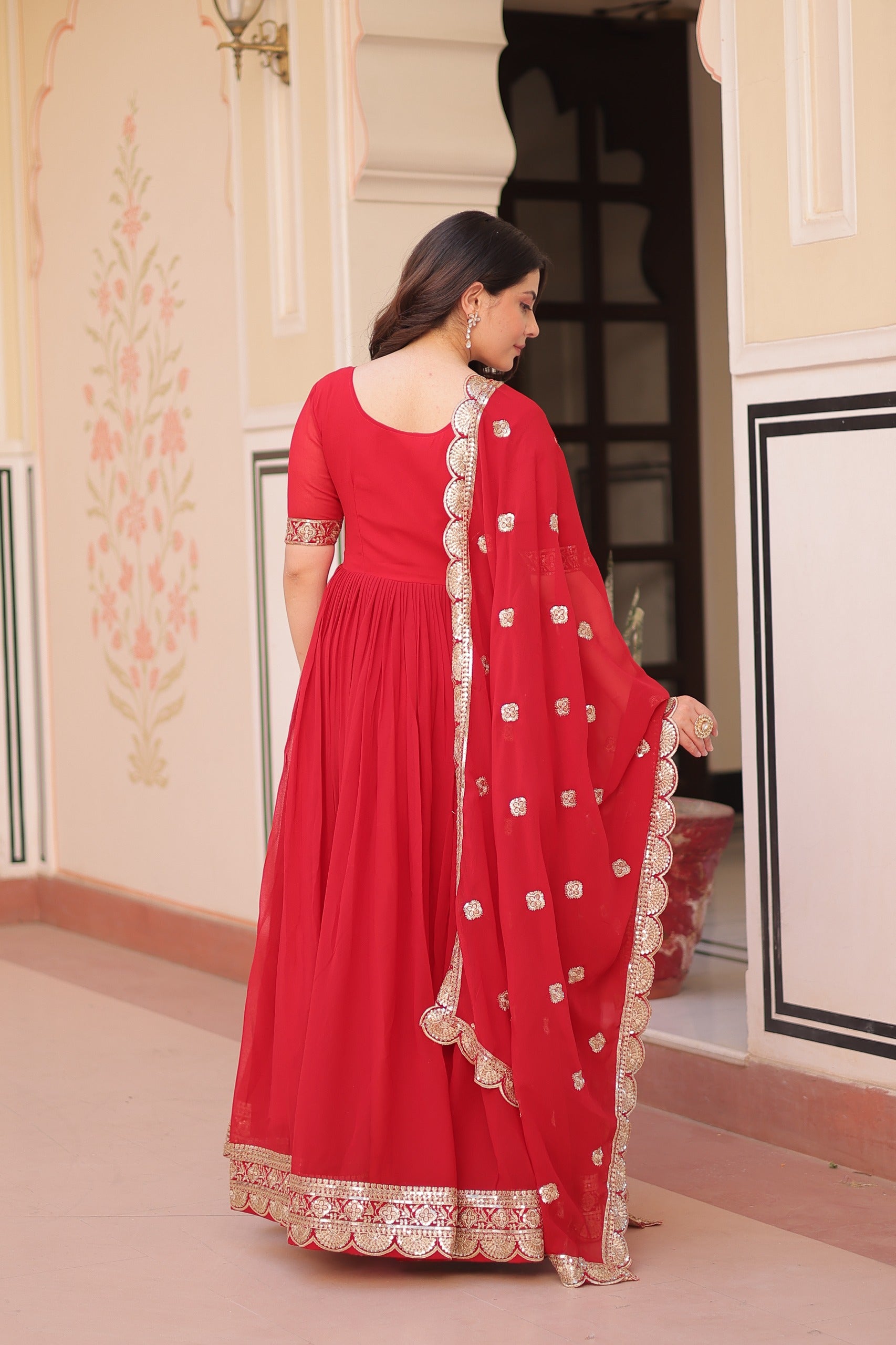 Faux Blooming Embroidered Zari Sequins Work Gown with Dupatta and Designer Lace Border