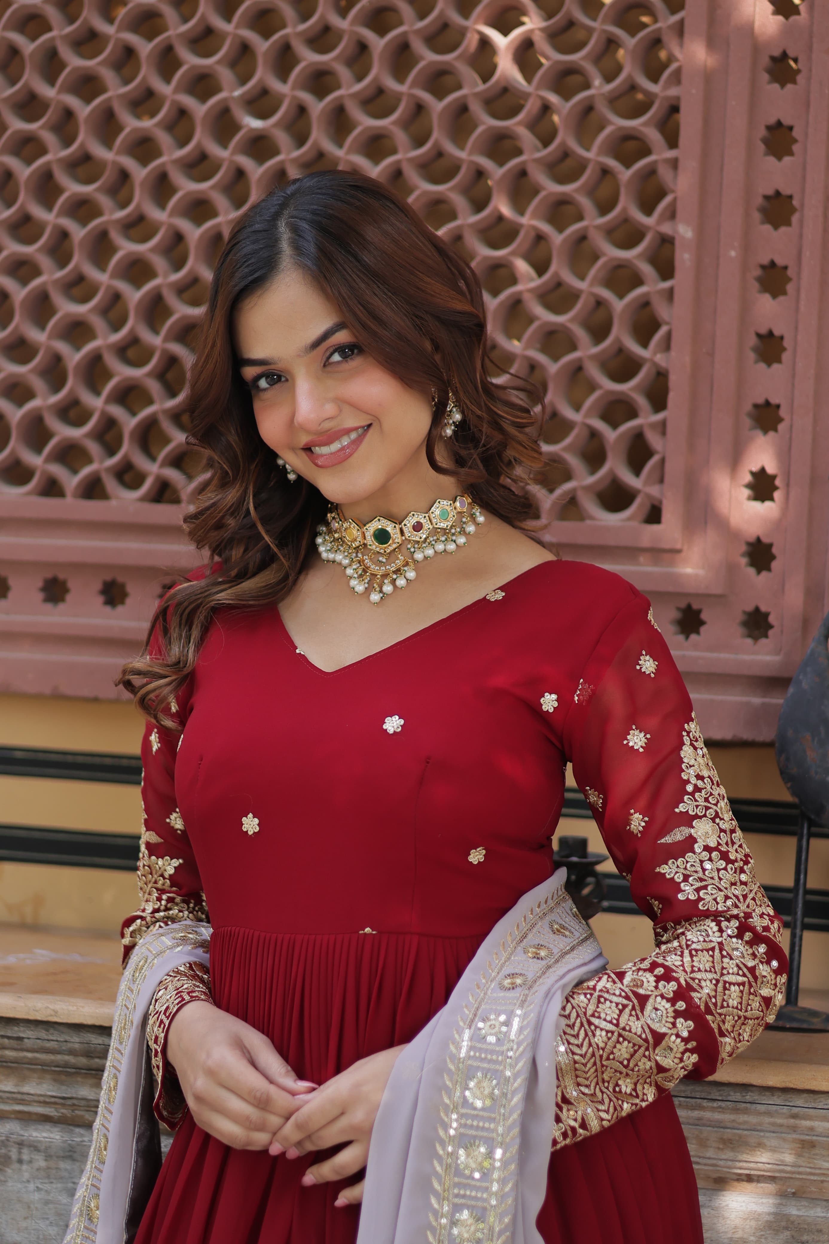 Faux Blooming Embroidered Zari Sequins Gown with Fancy V Neck & Sequins Dupatta for Women