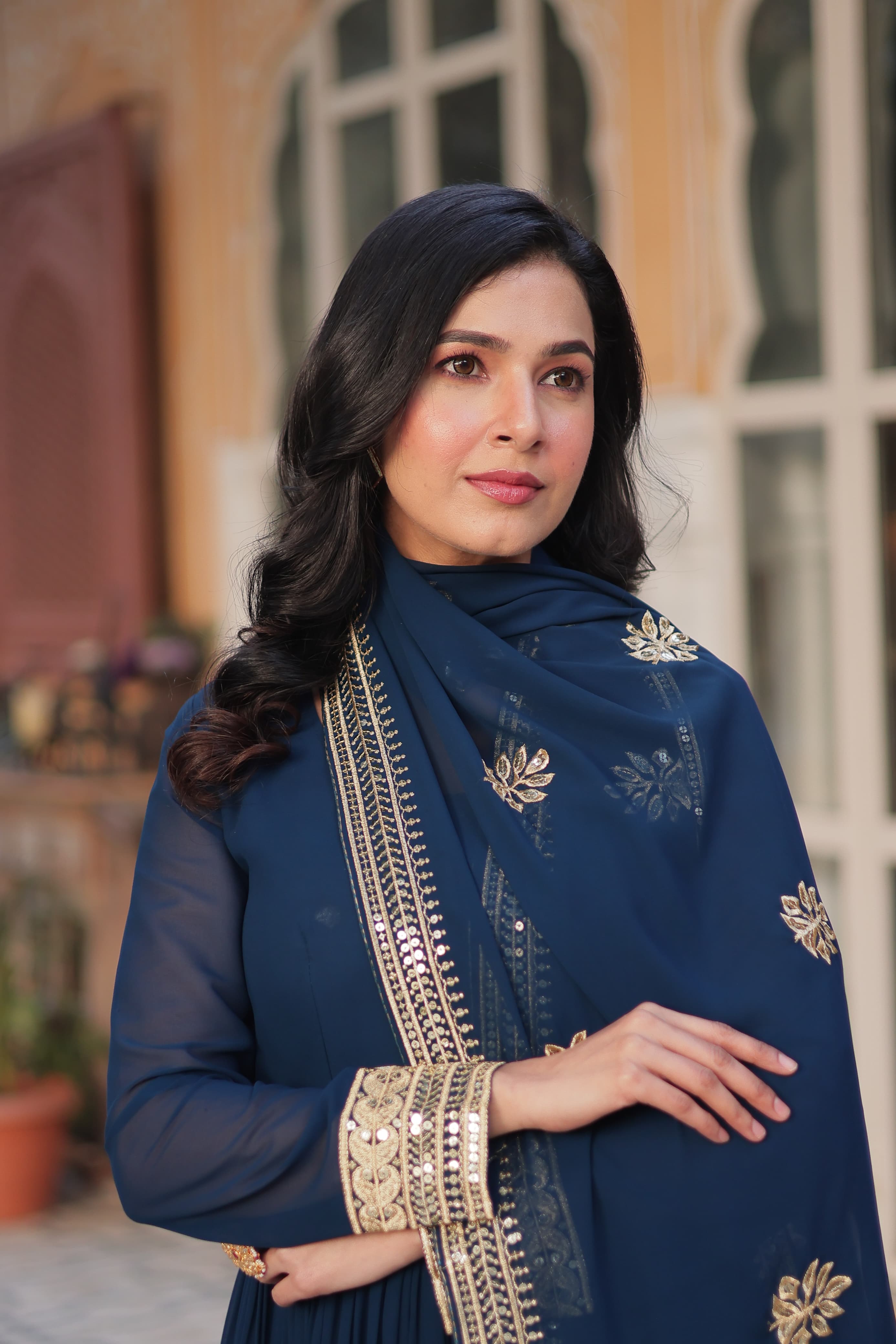 Front view of faux blooming embroidered sequin gown with dupatta