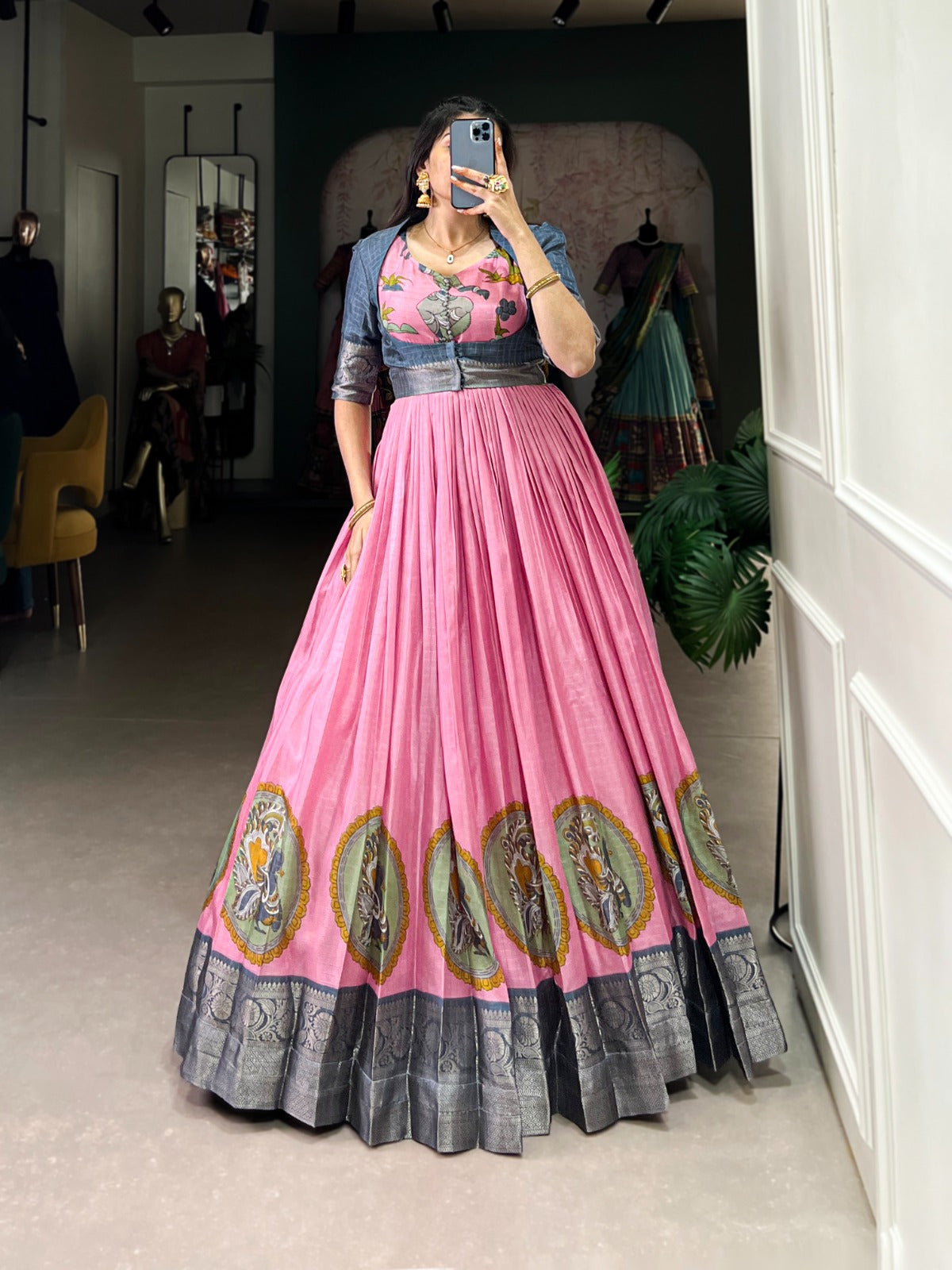 “Designer Kalamkari Gown with Zari Border and Silk Jacket”