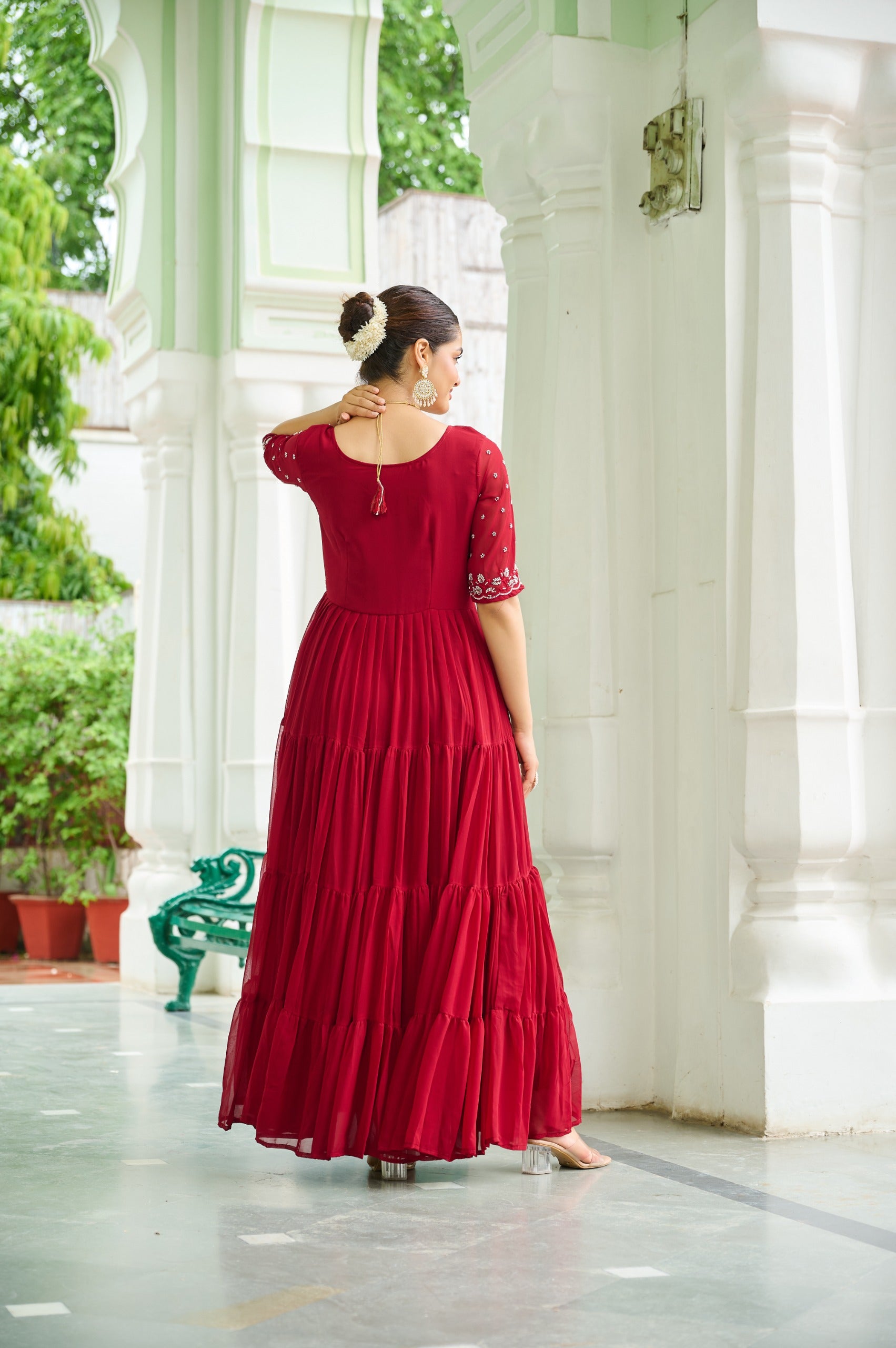“Faux Blooming Beads Embroidered Gown with 12-Meter Flair in Rama and Maroon – Her Highness Fashion”