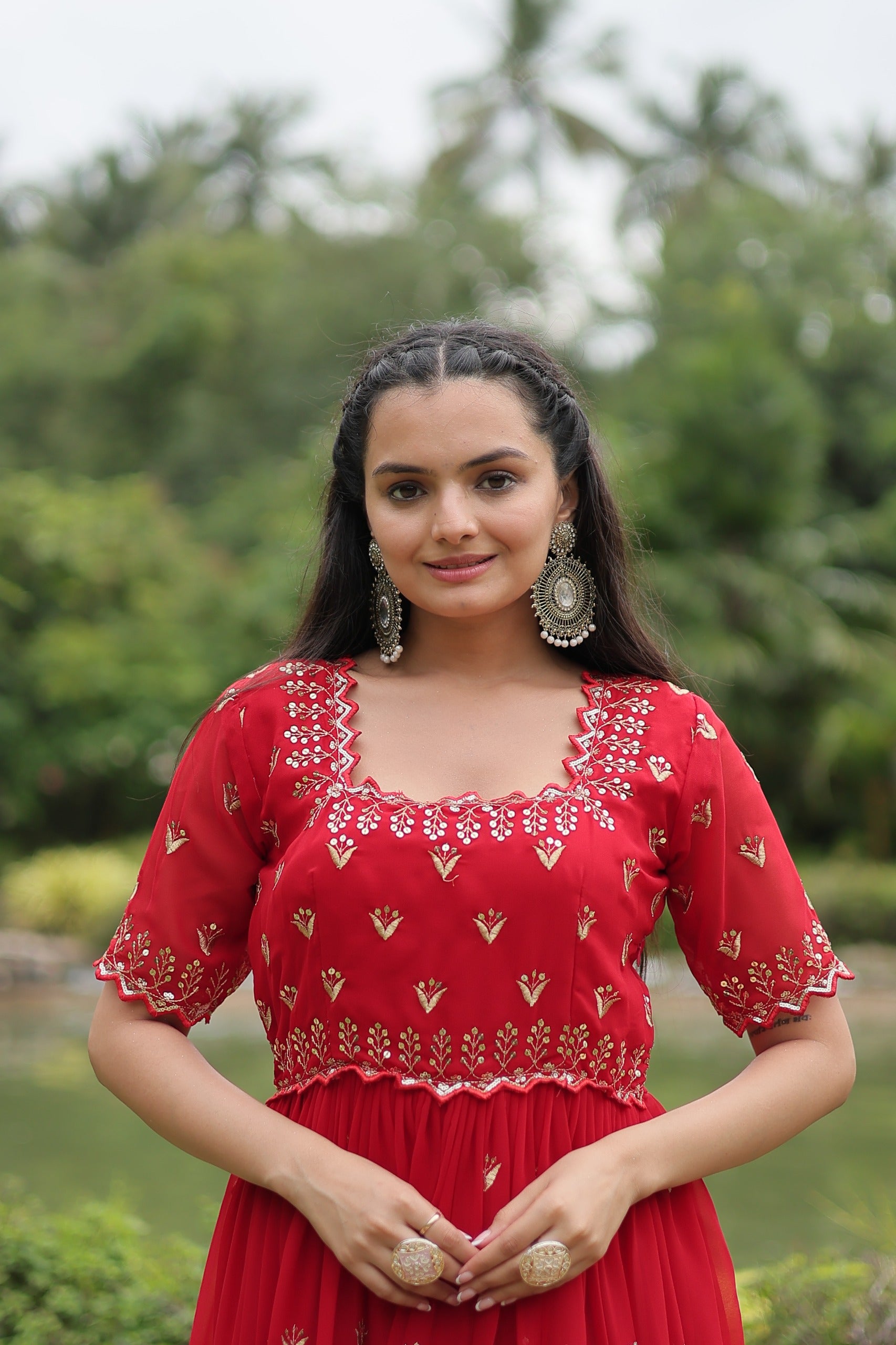 “Faux Blooming Embroidered Gown with Zari Sequins Work – Wine, Red & Purple Colors – Square Neck, Cutwork Sleeves – Her Highness Fashion”