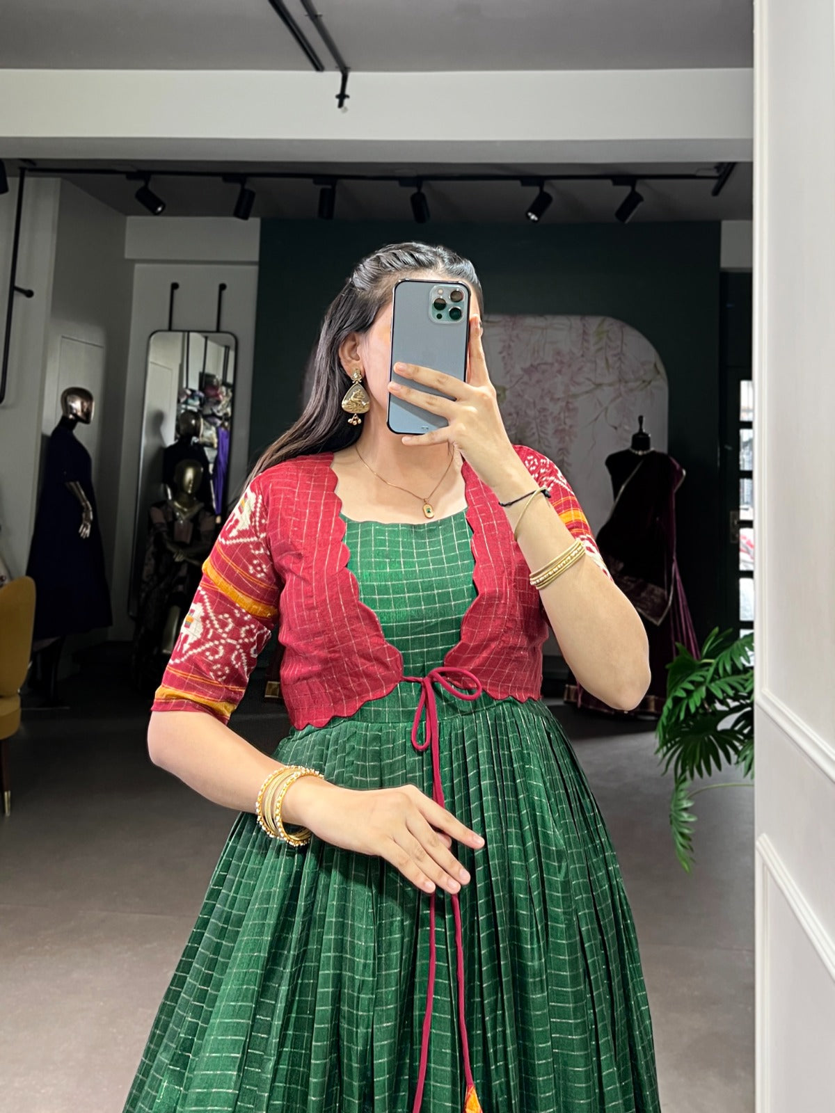 Tasar Chex Patola Print Gown with Matching Koti – Premium Ethnic Wear by Her Highness Fashion