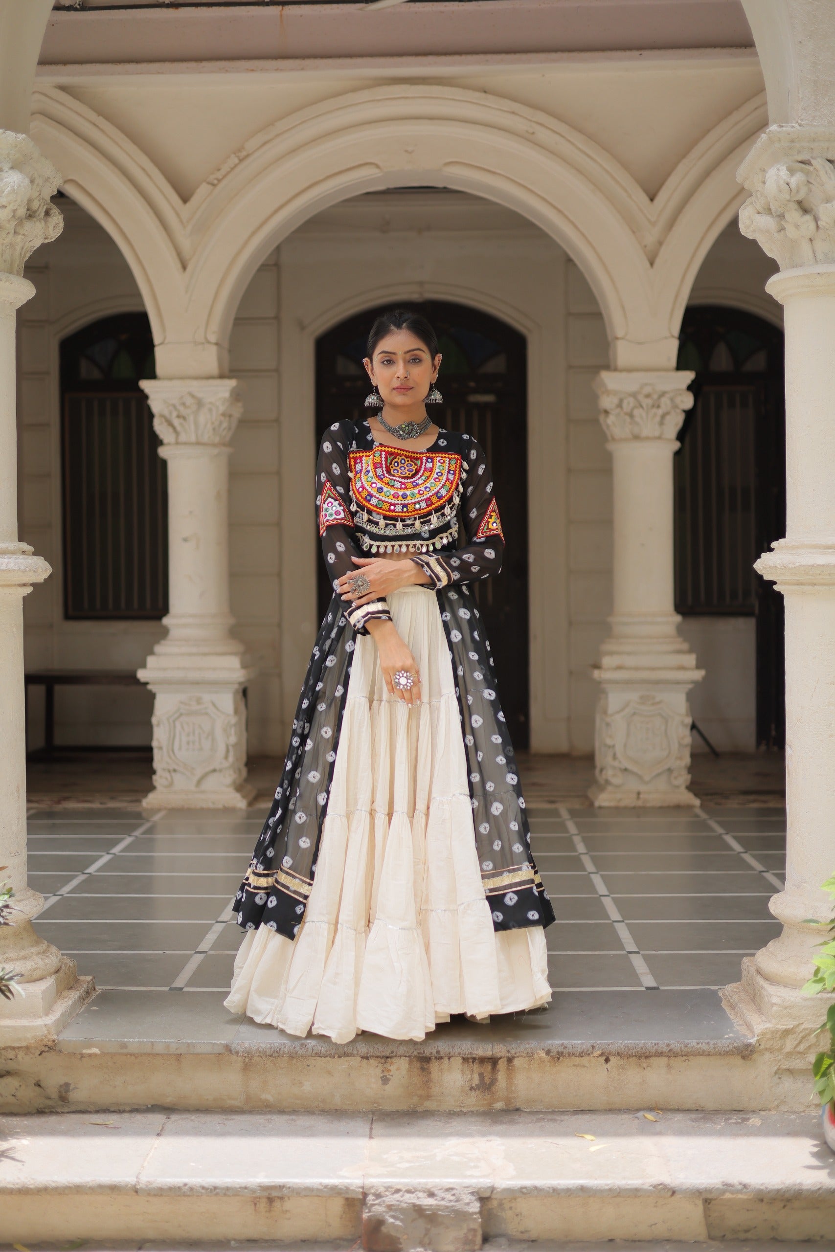 Kora Cotton 12 Meter Frill Lehenga with Bandhani Print Kutchi Work Kurti – Premium Designer Set