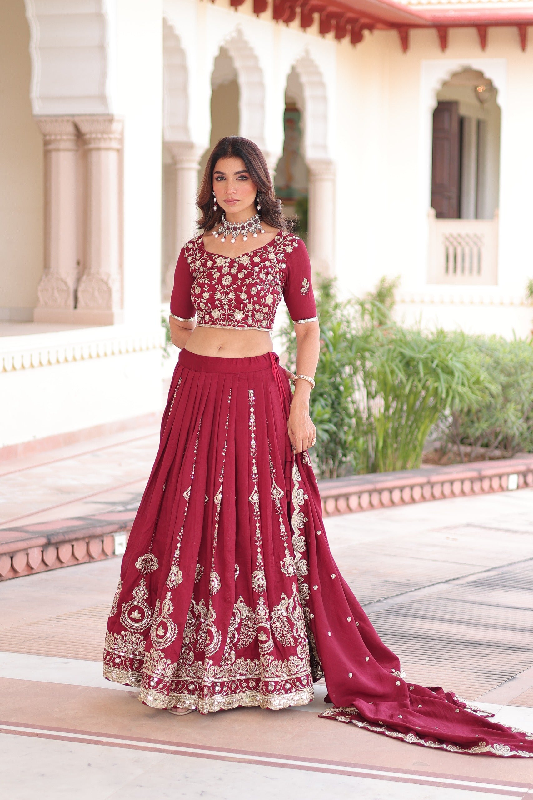 Vichitra Silk Embroidered Lehenga Set