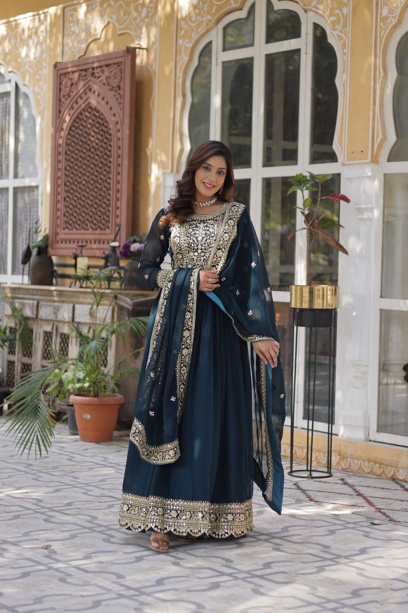Faux Blooming embroidered gown with zari sequins work and lace border dupatta for women