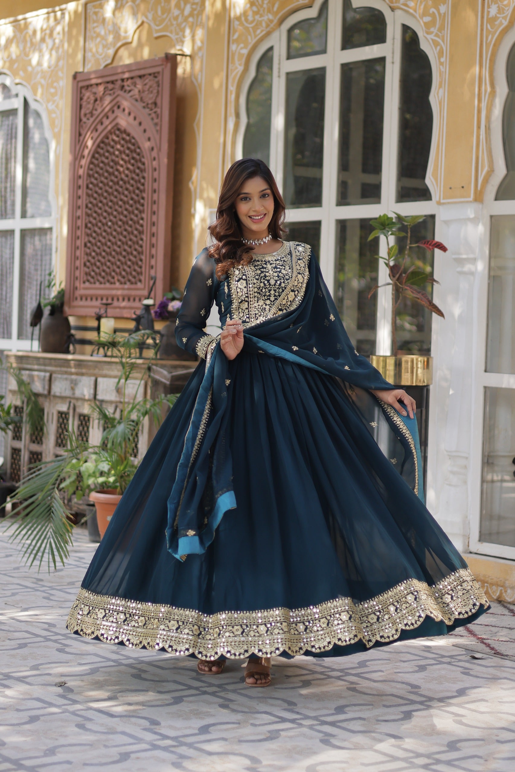 Faux Blooming embroidered gown with zari sequins work and lace border dupatta for women