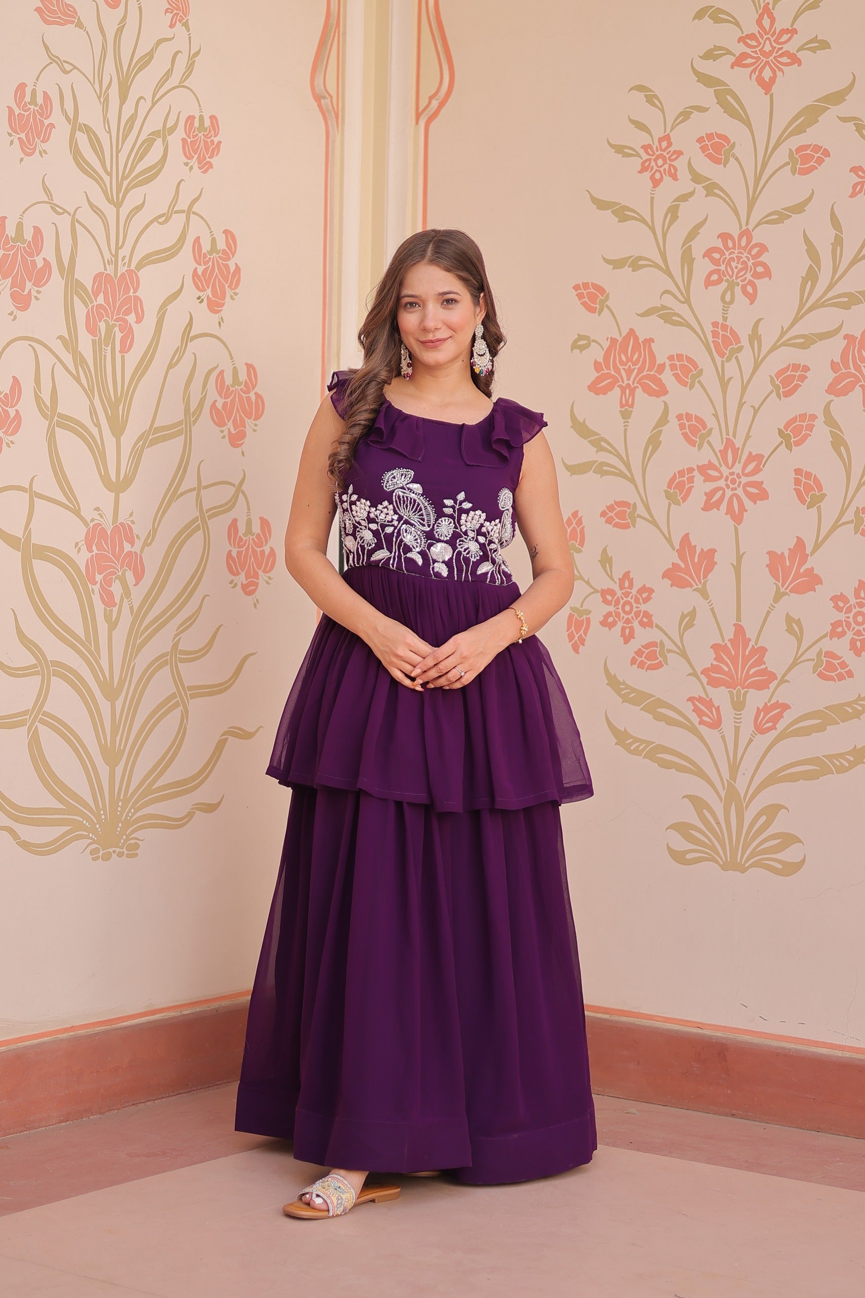 Faux Blooming beads embroidered sleeveless gown with 3.5 meter flair