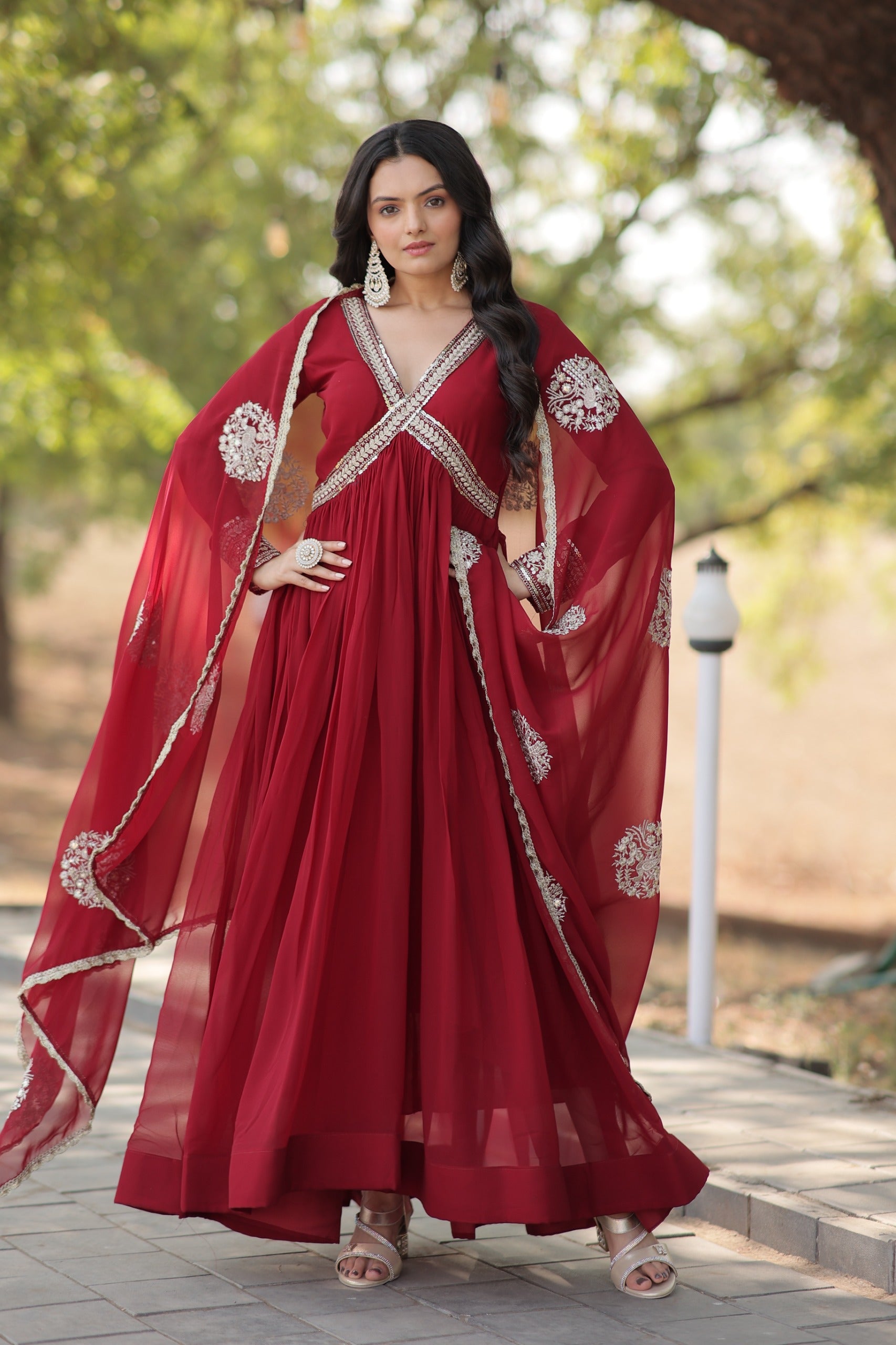 Faux Blooming zari sequins embroidered gown with dupatta and 3.5 meter flair