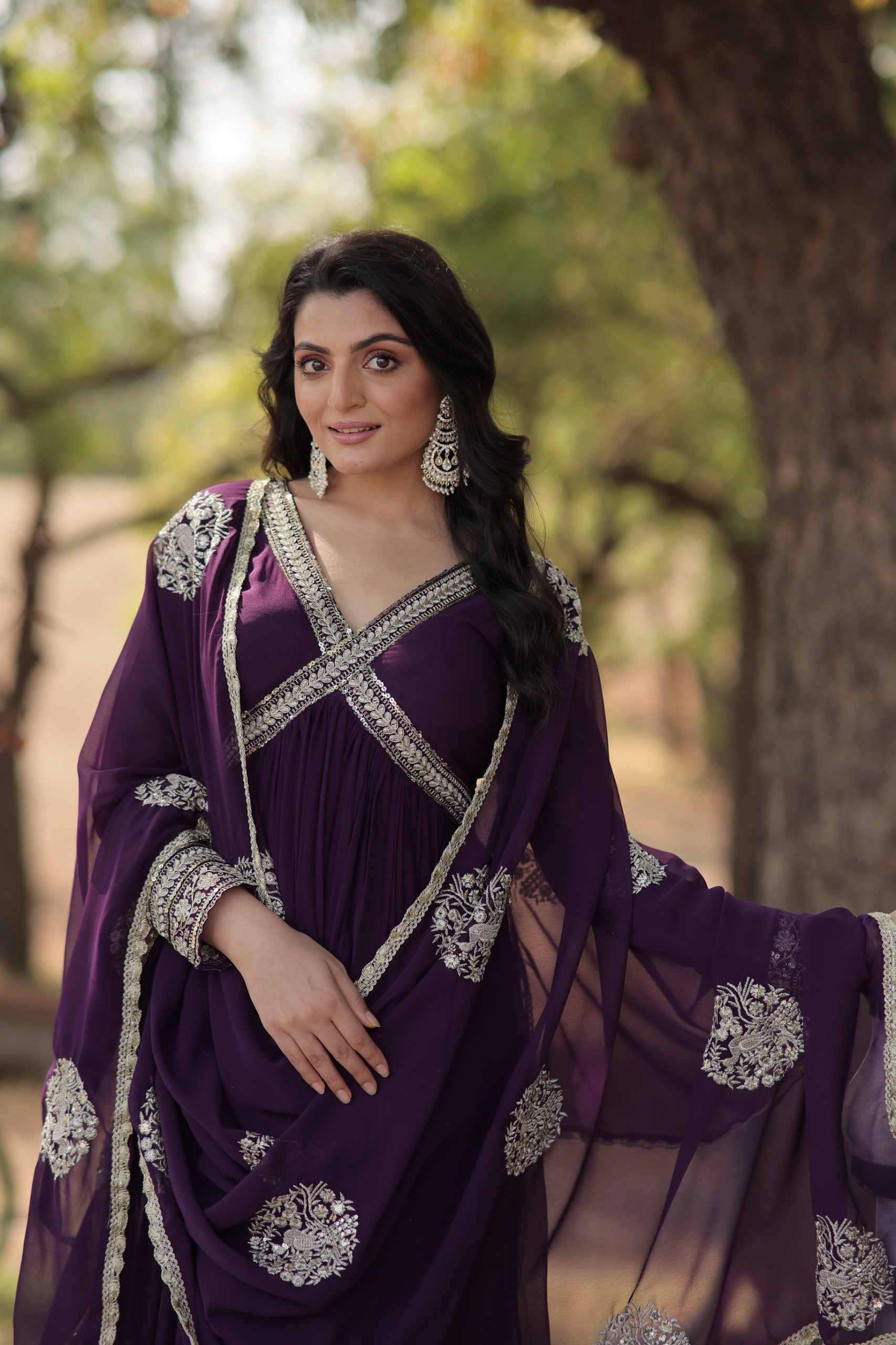 Faux Blooming zari sequins embroidered gown with dupatta and 3.5 meter flair