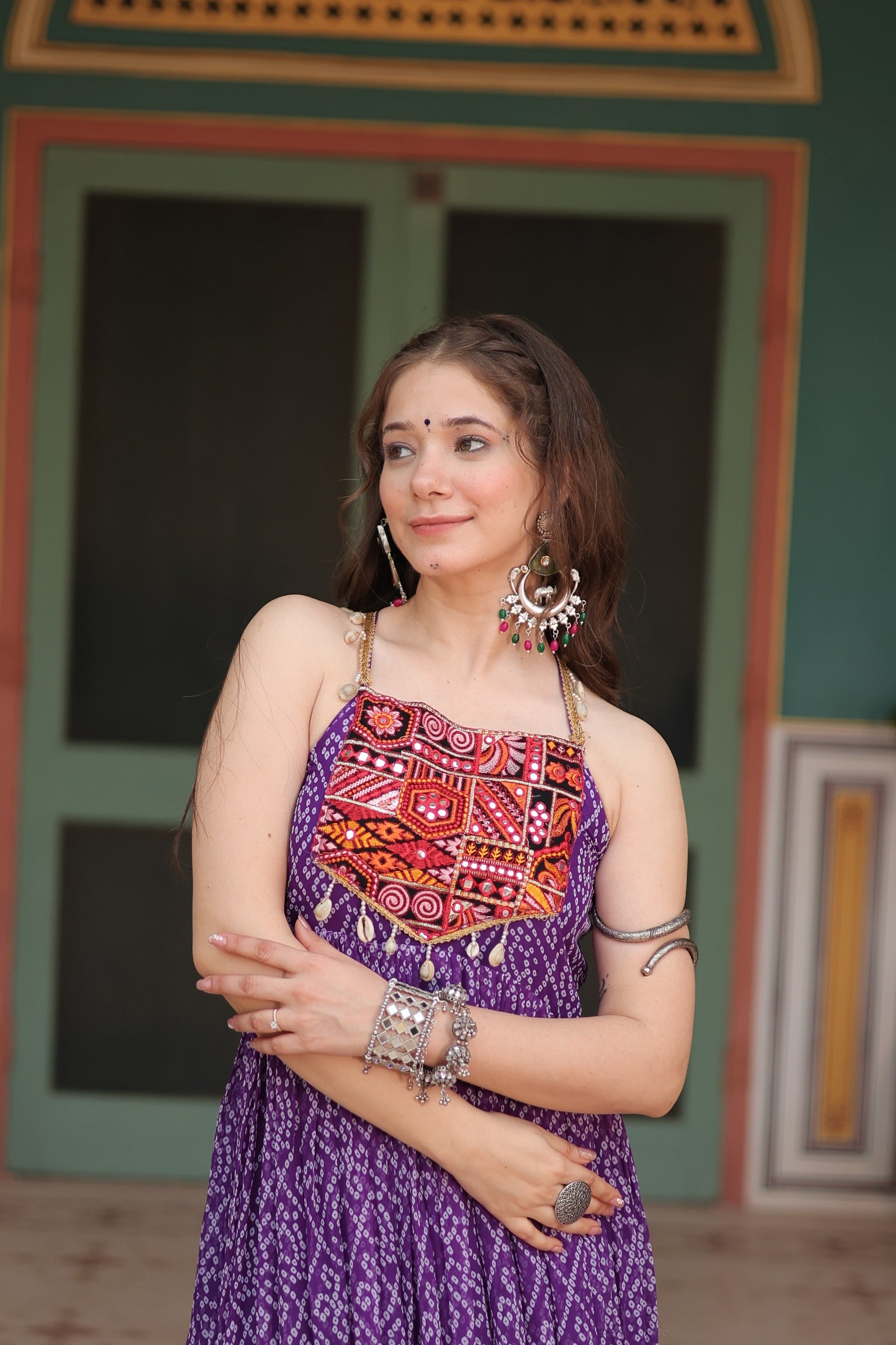 Bandhani print Kutch patchwork sleeveless georgette gown with 12-meter flair