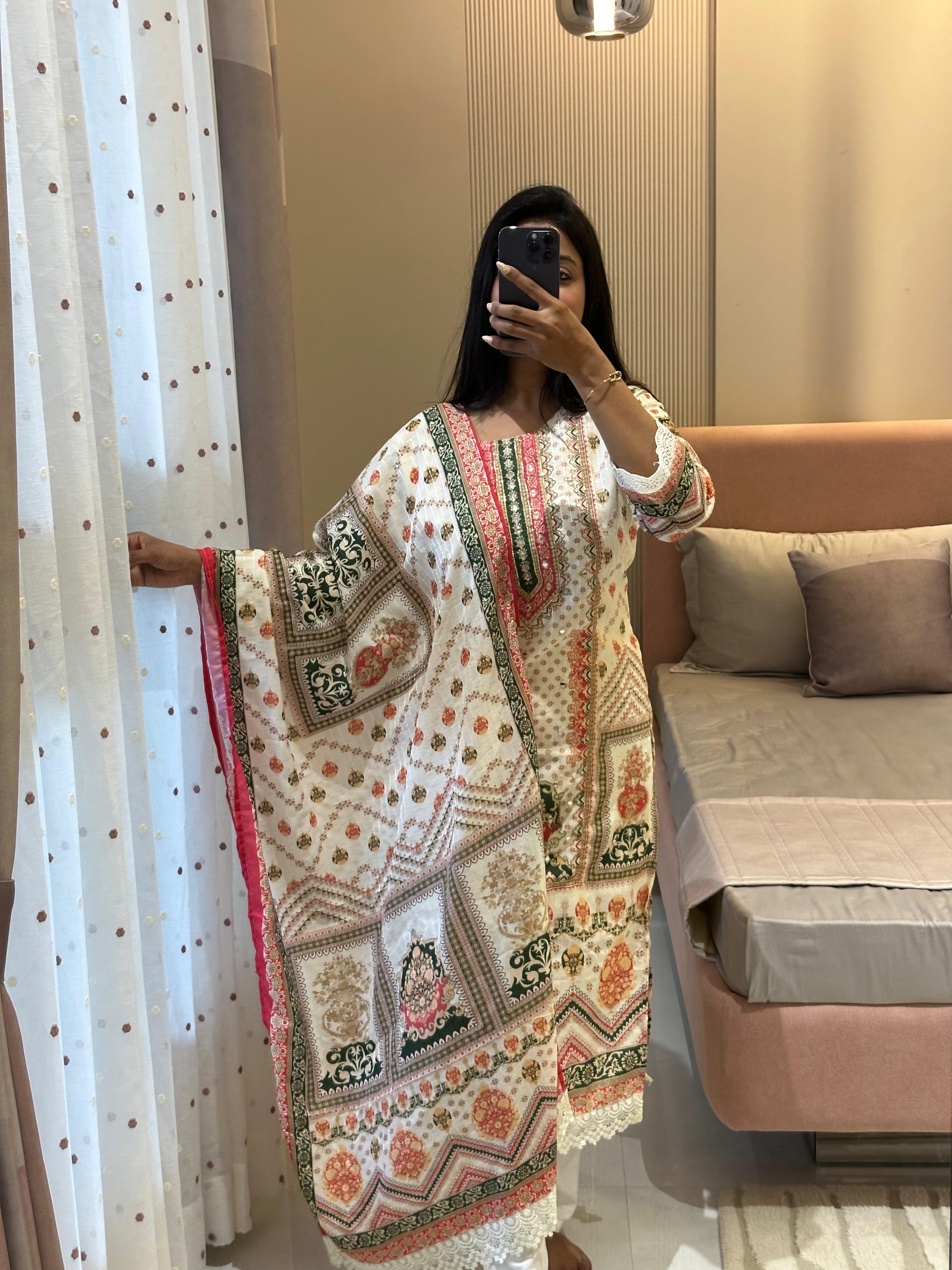 ✨ Muslin Banana Silk Suit Set with Handcrafted Embroidery & Digital Prints ✨