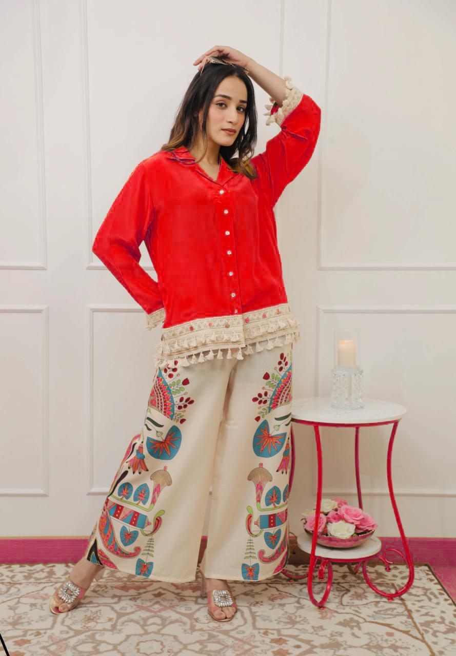 A-Cut Cotton Top with Lace & Digital Print Paired with Plazo | 3 Piece Set with Bracelet