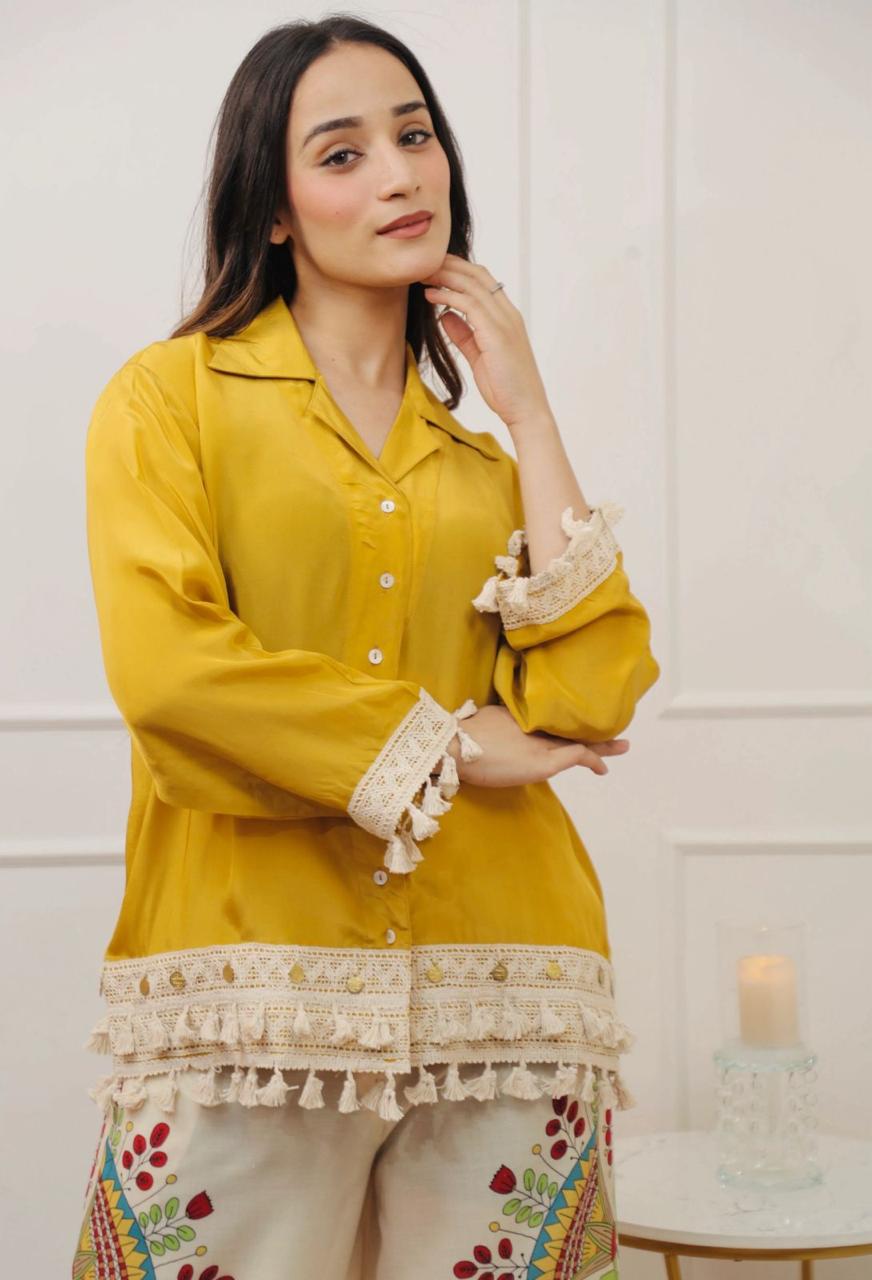 A-Cut Cotton Top with Lace & Digital Print Paired with Plazo | 3 Piece Set with Bracelet