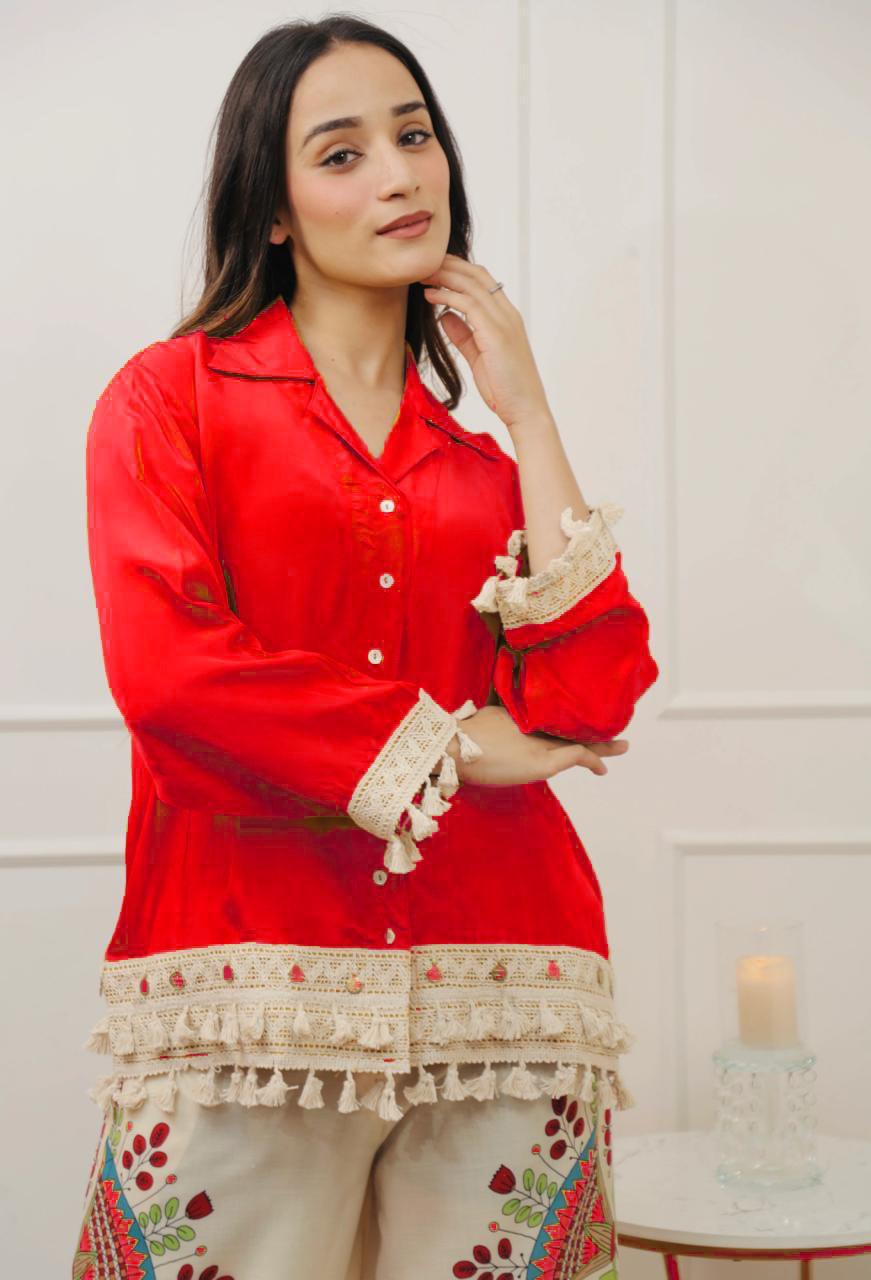 A-Cut Cotton Top with Lace & Digital Print Paired with Plazo | 3 Piece Set with Bracelet