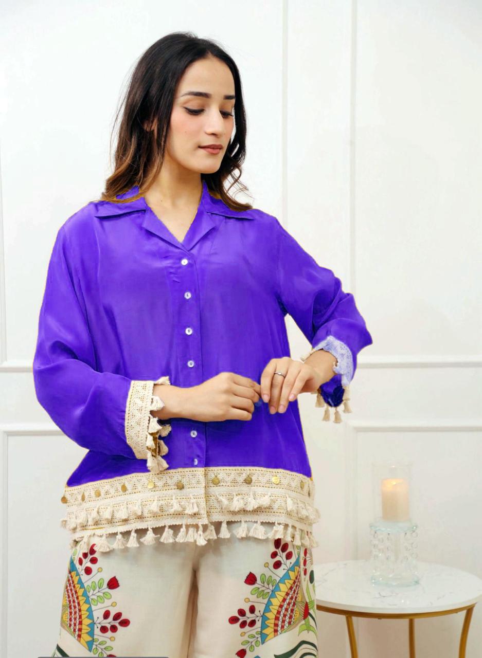 A-Cut Cotton Top with Lace & Digital Print Paired with Plazo | 3 Piece Set with Bracelet