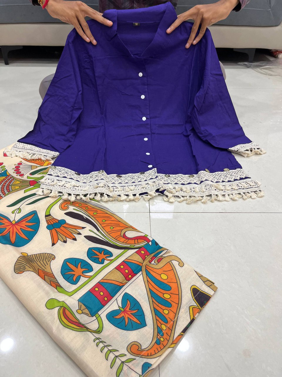 A-Cut Cotton Top with Lace & Digital Print Paired with Plazo | 3 Piece Set with Bracelet