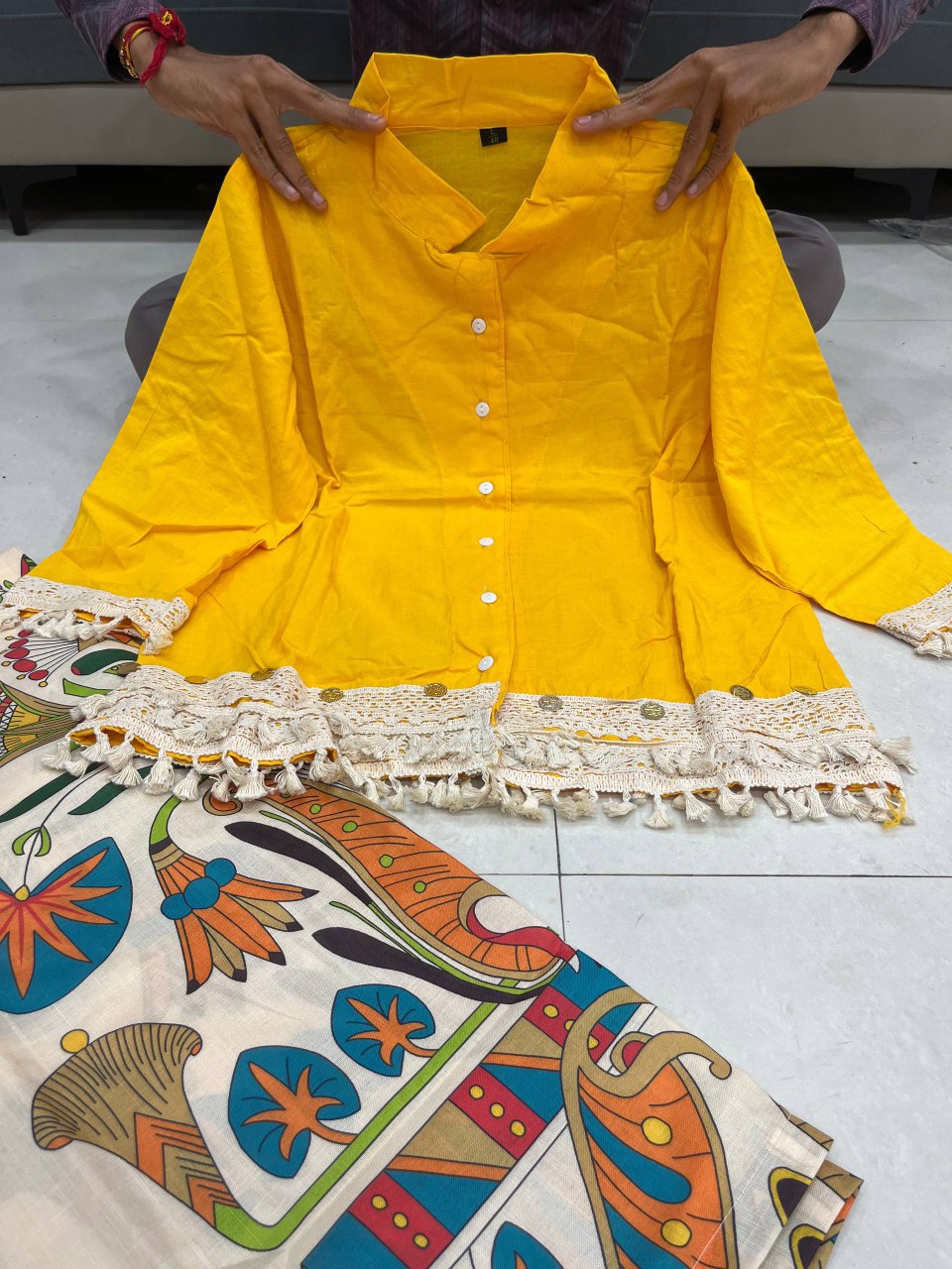 A-Cut Cotton Top with Lace & Digital Print Paired with Plazo | 3 Piece Set with Bracelet