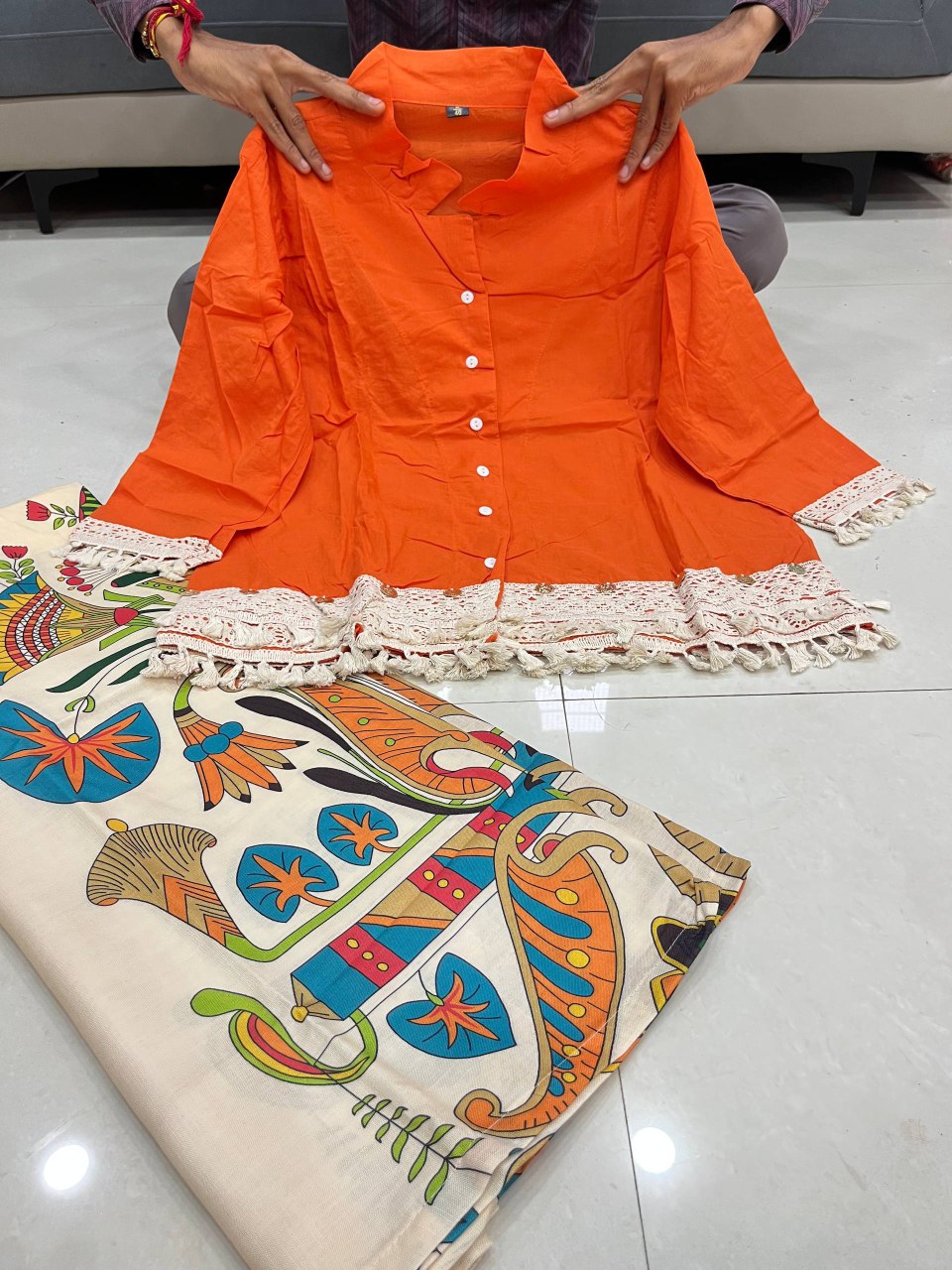 A-Cut Cotton Top with Lace & Digital Print Paired with Plazo | 3 Piece Set with Bracelet