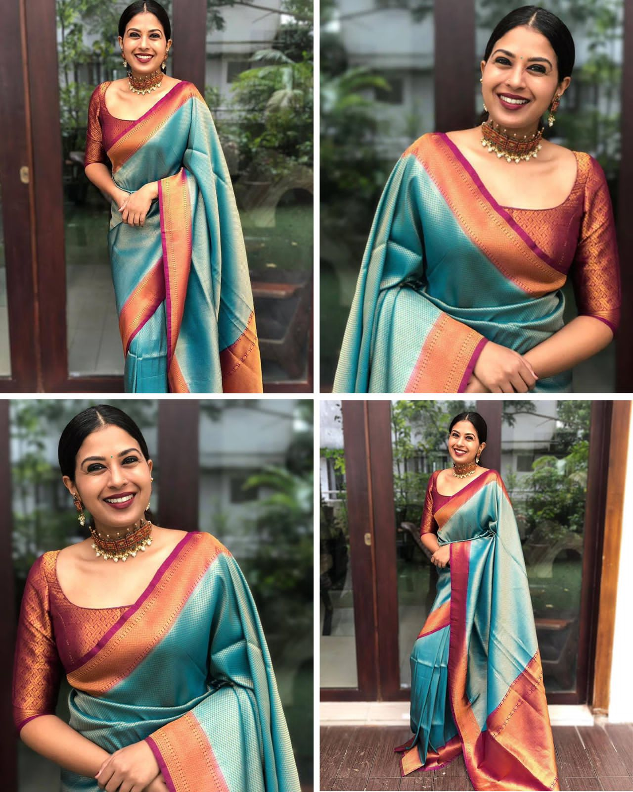 Teal   Color Soft Lichi Silk Saree