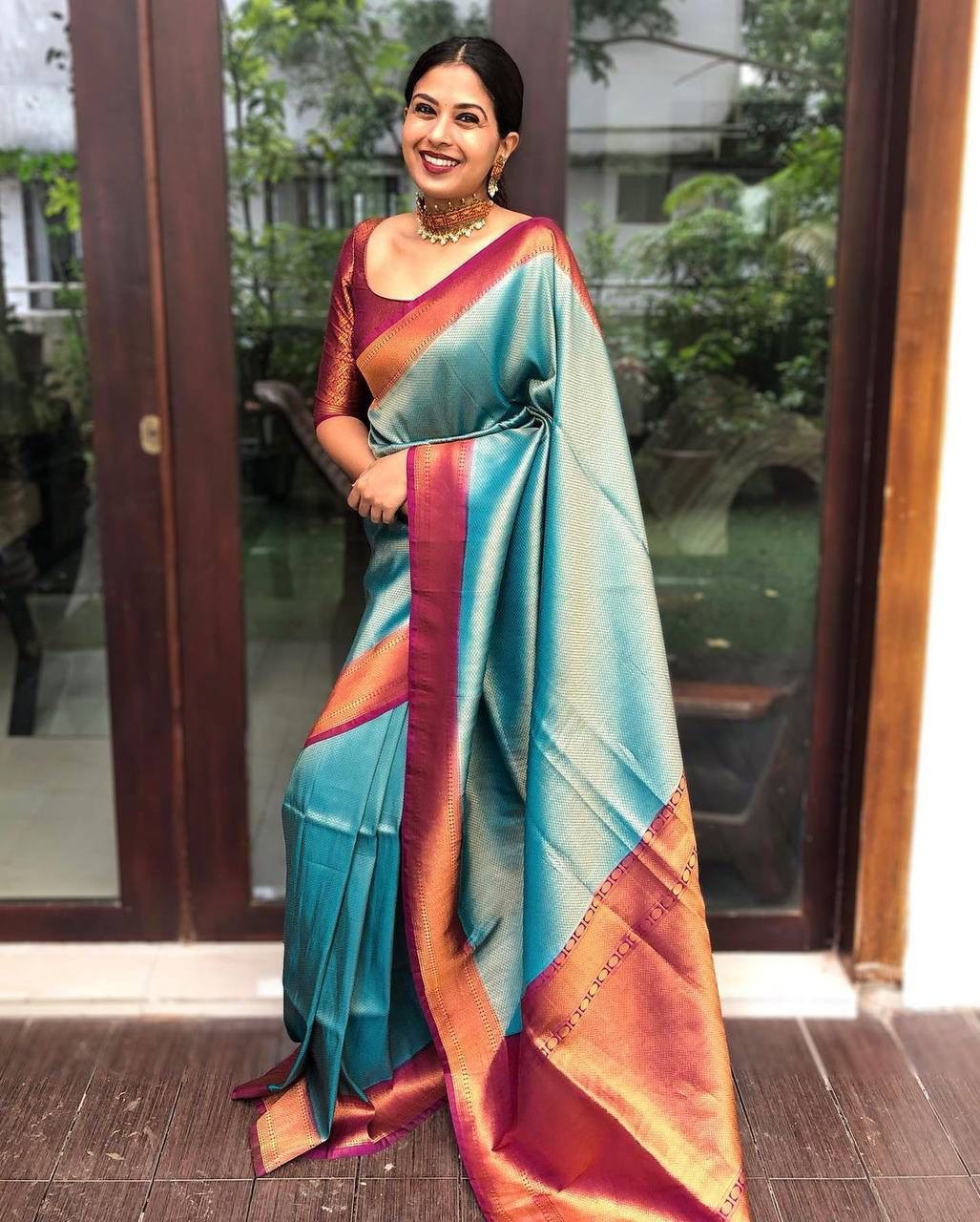 Teal   Color Soft Lichi Silk Saree