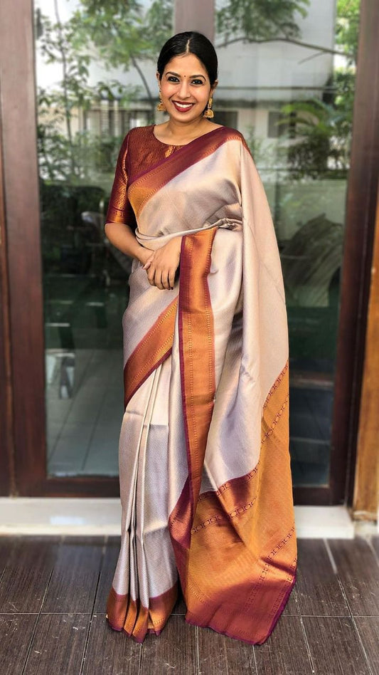 Cream  Color Soft Lichi Silk Saree