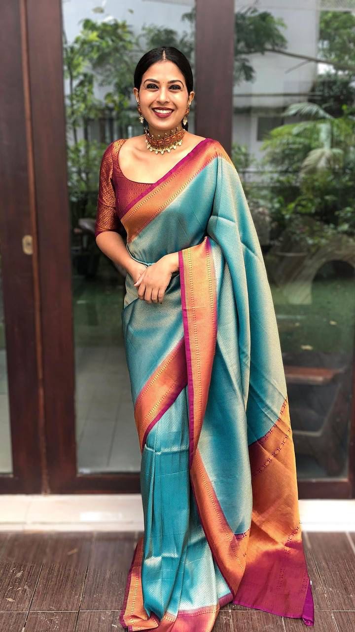 Teal   Color Soft Lichi Silk Saree