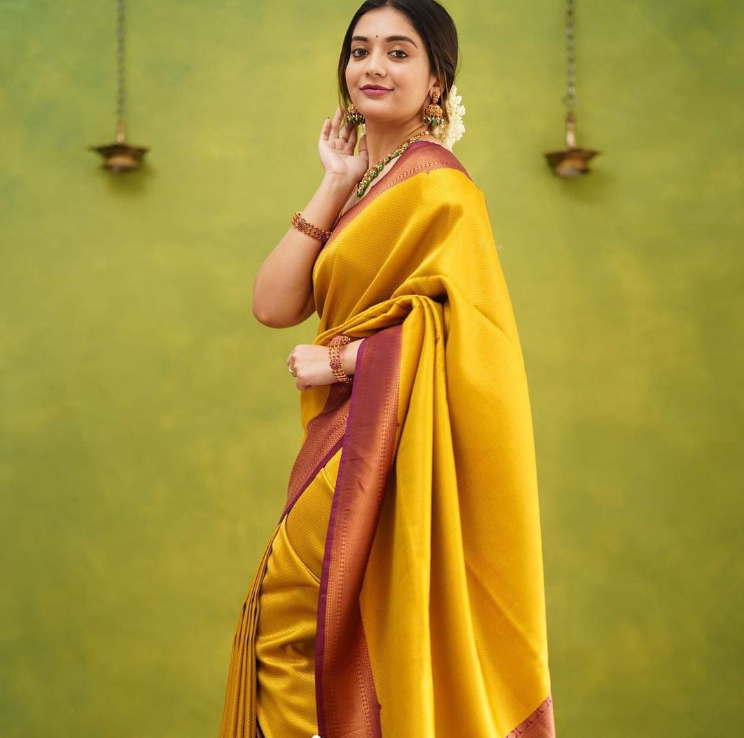 Yellow  Color Soft Lichi Silk Saree