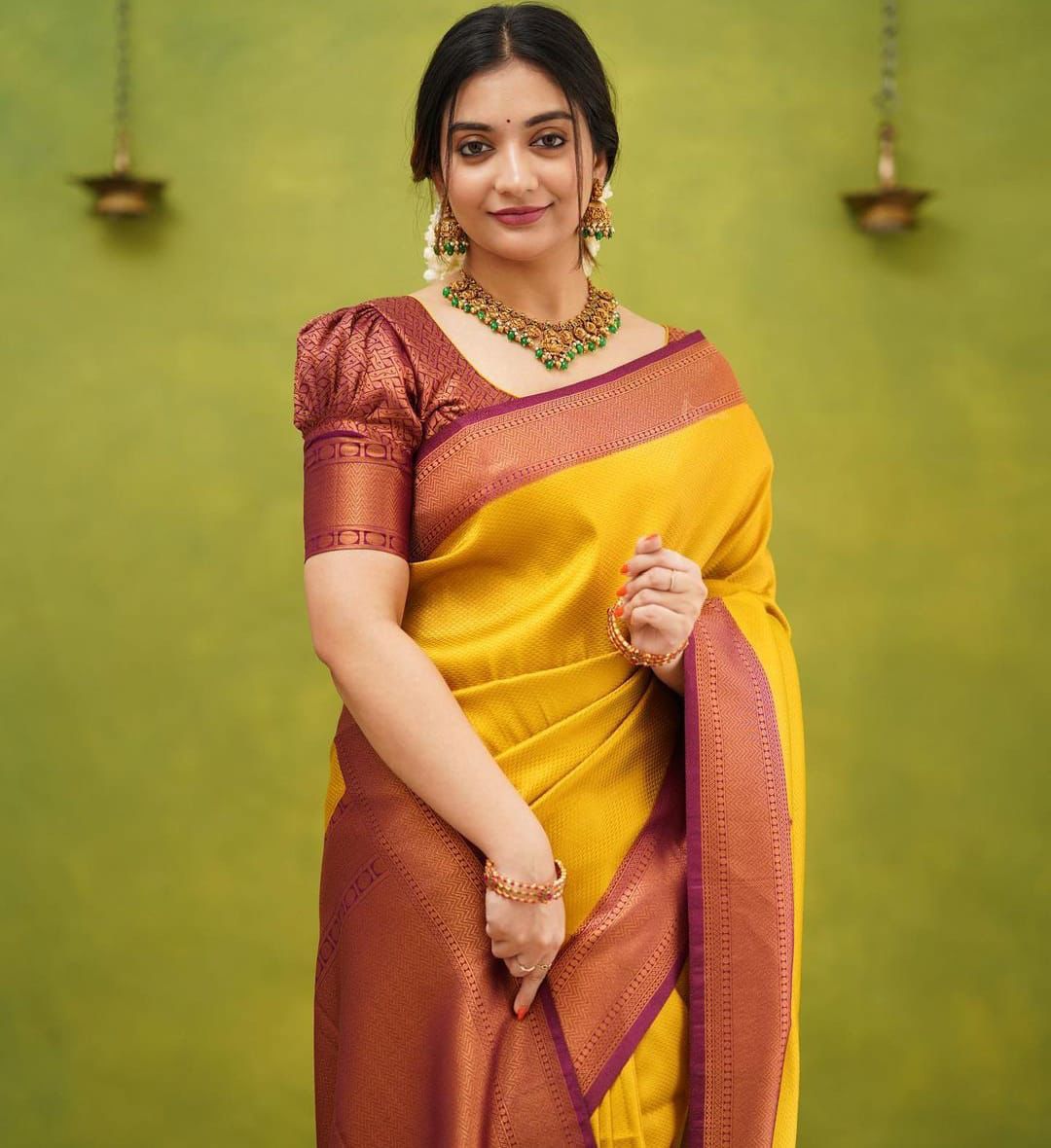 Yellow  Color Soft Lichi Silk Saree