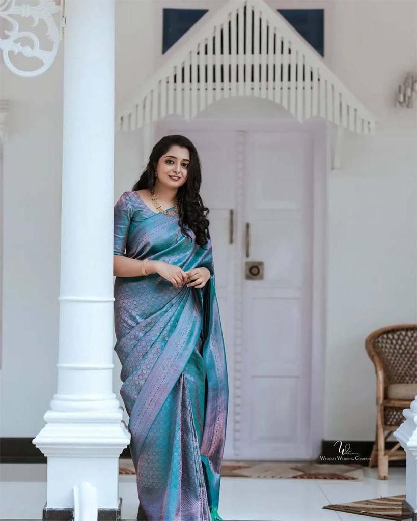 Teal  Color Soft Lichi Silk Saree