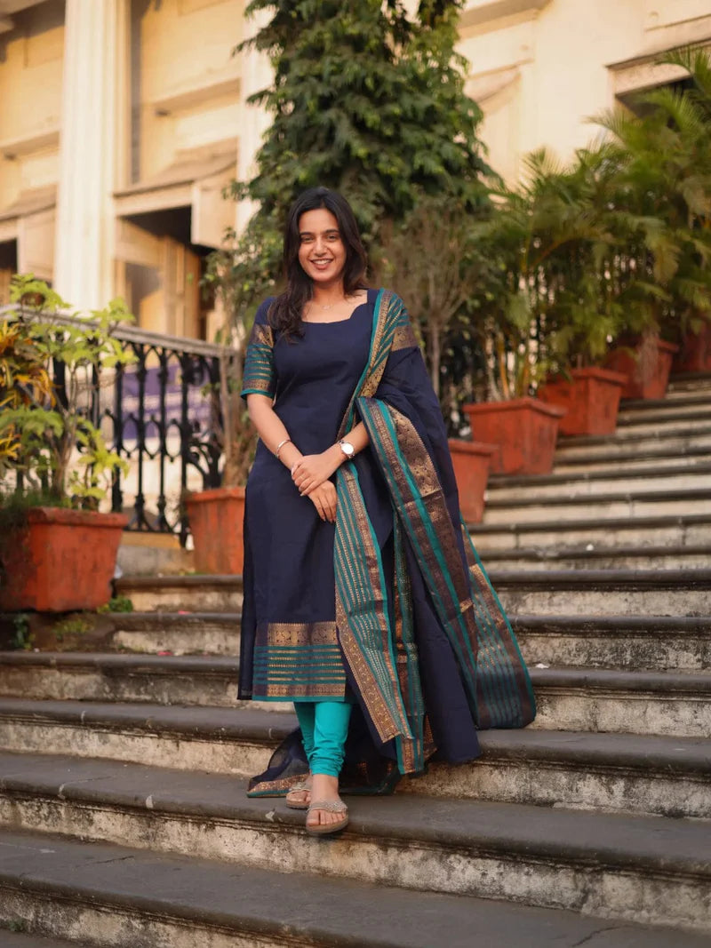 Pure Kanchi Cotton Suit Set with Dupatta and Leggings