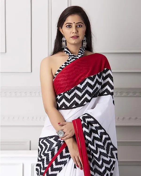 Pure Linen Black N White  Color Saree with Digital Print in  Zigzag Design