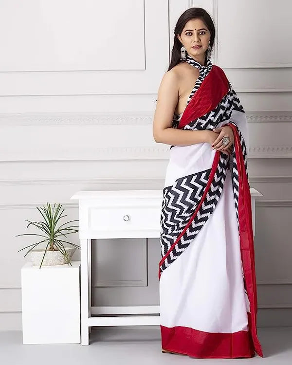 Pure Linen Black N White  Color Saree with Digital Print in  Zigzag Design