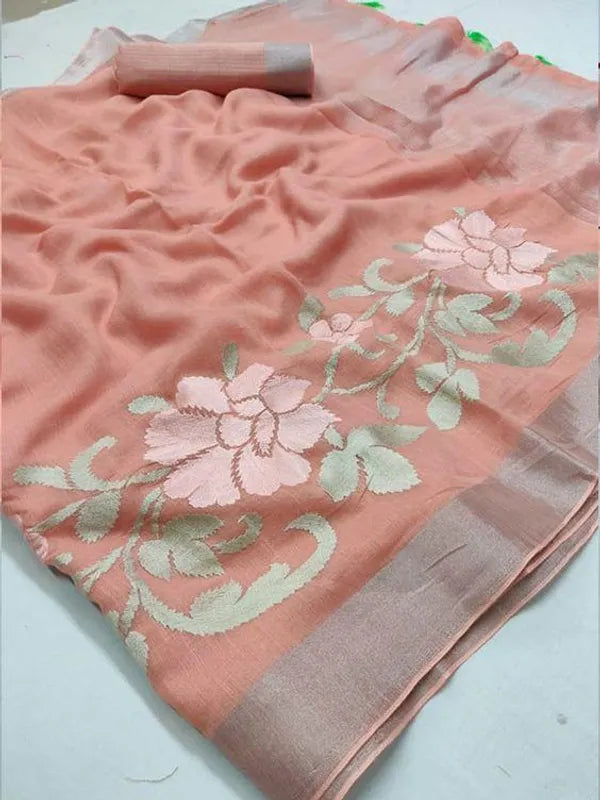 Pure Linen Peach Color Saree with Digital Print in Flower Design