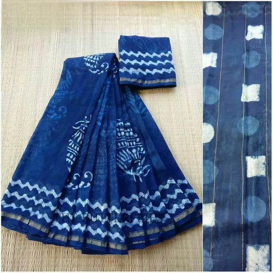 Pure Linen  Blue Color Saree with Digital Print in  Trendy Design