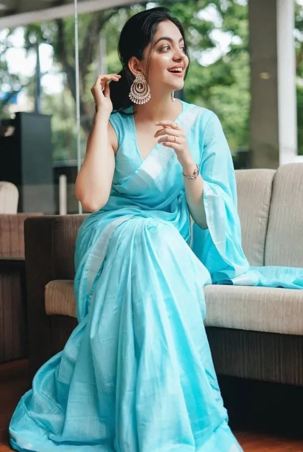 Pure Linen Sky Blue Peach Color Saree with Dazzling Blouse Piece