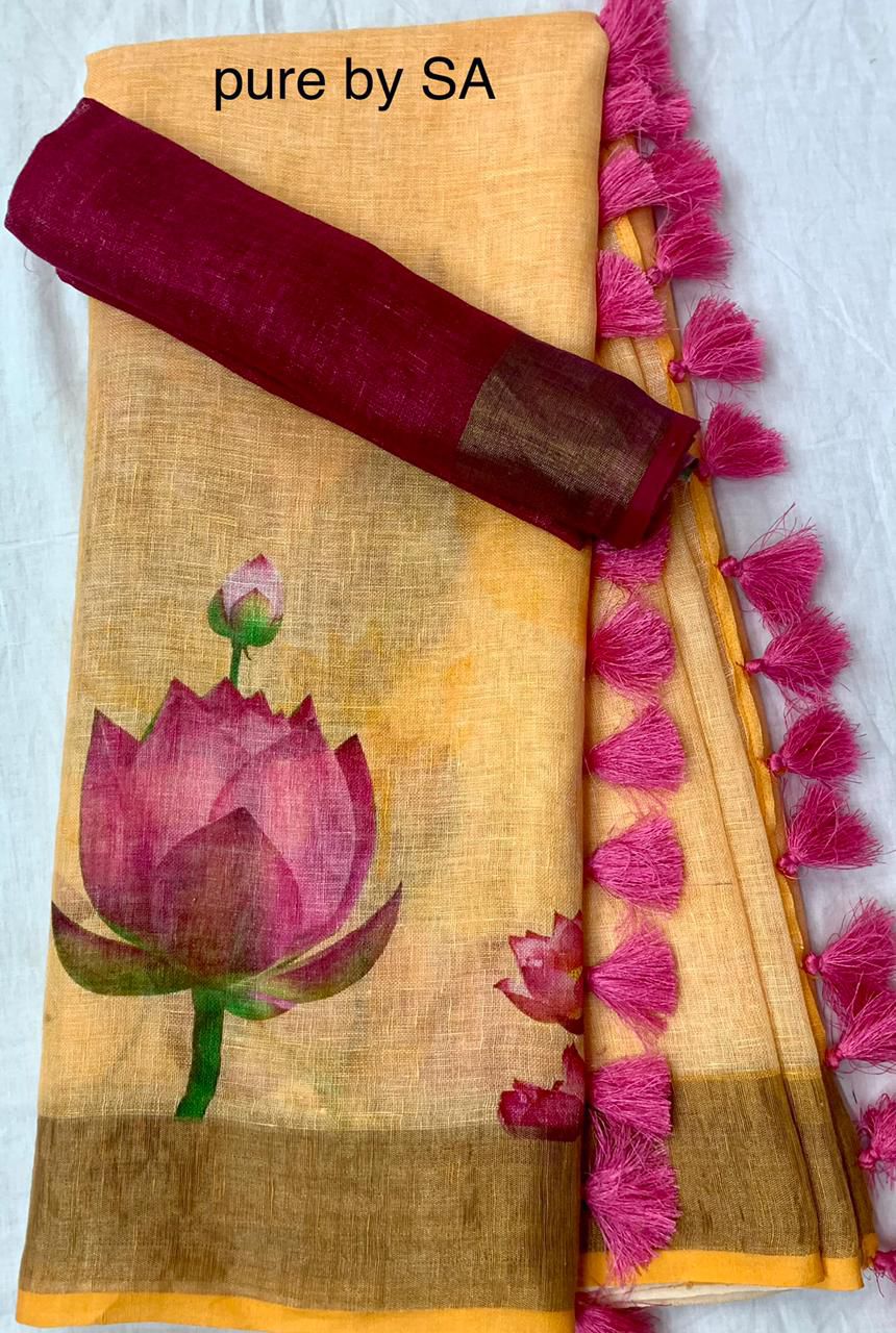 Pure Linen Saree with Digital Print in Flower Design