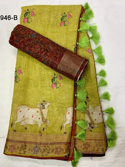 Pure Linen Saree with Digital Print in Cow Design