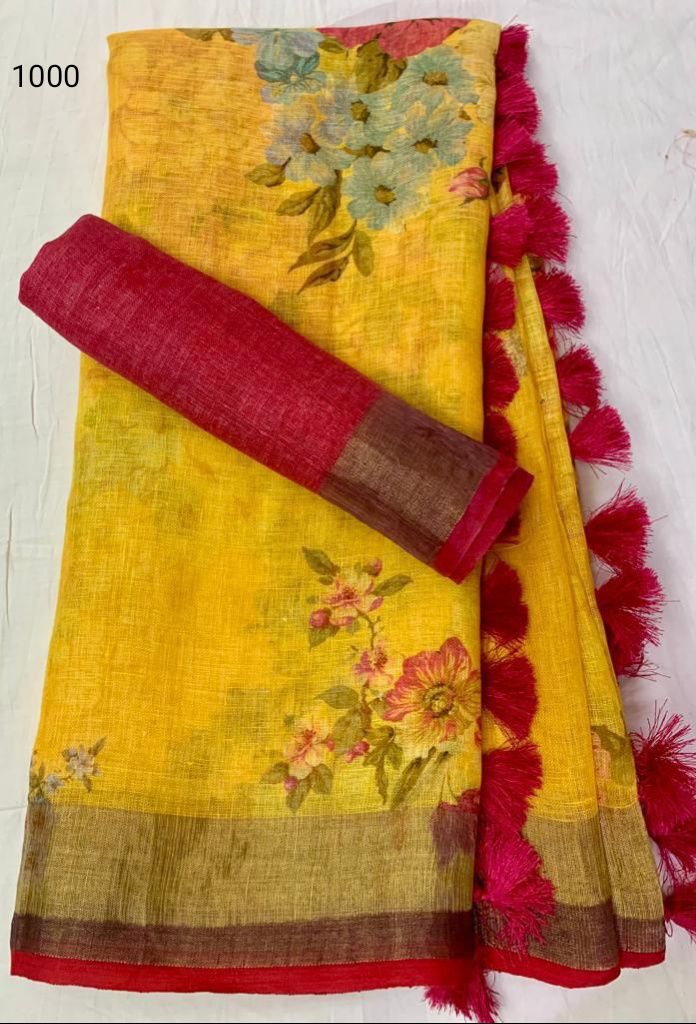 Pure Linen Yellow Color Saree with Digital Print in Flower Design