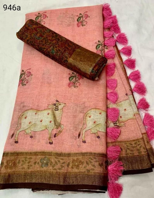 Pure Linen Peach Color Saree with Digital Print in Cow Design