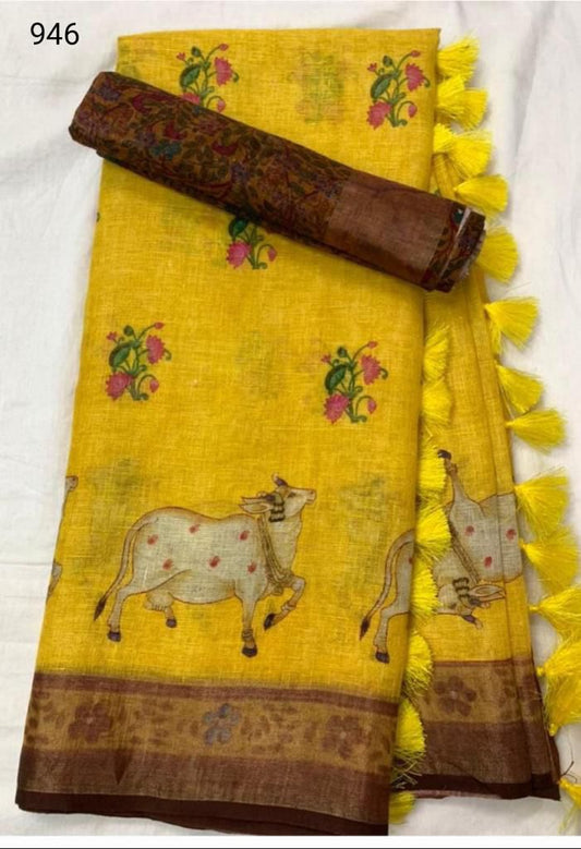 Pure Linen Yellow  Color Saree with Digital Print in Cow Design