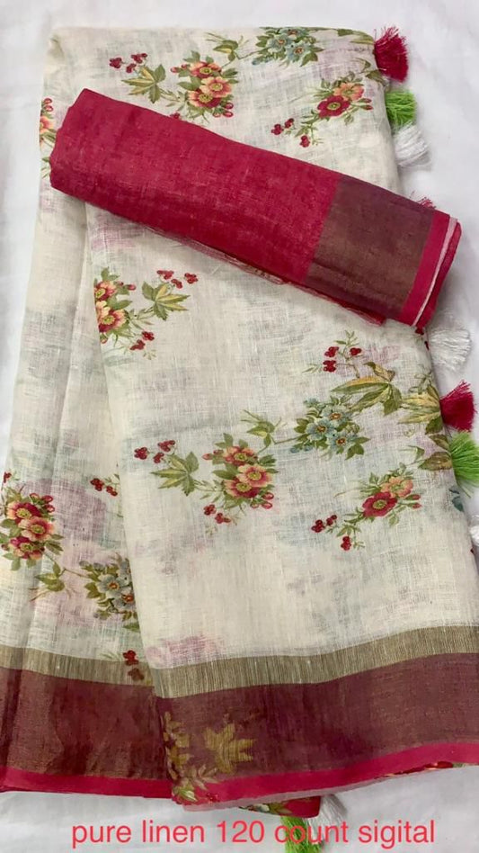 Pure Linen Light Cream Color Saree with Digital Print in Flower Design