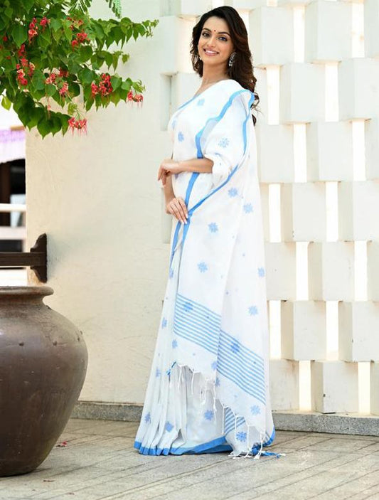 Pure Linen White N Blue Color Saree with Digital Print in  Design