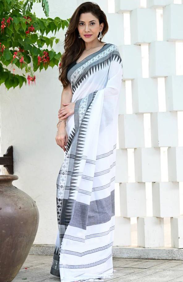 Pure Linen White N Grey Color Saree with Digital Print in  Lining Design