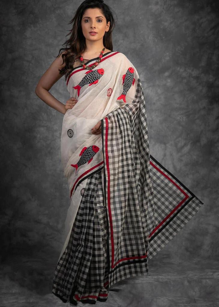 Pure Linen White N Black Color Saree with Digital Print in  Fish Design